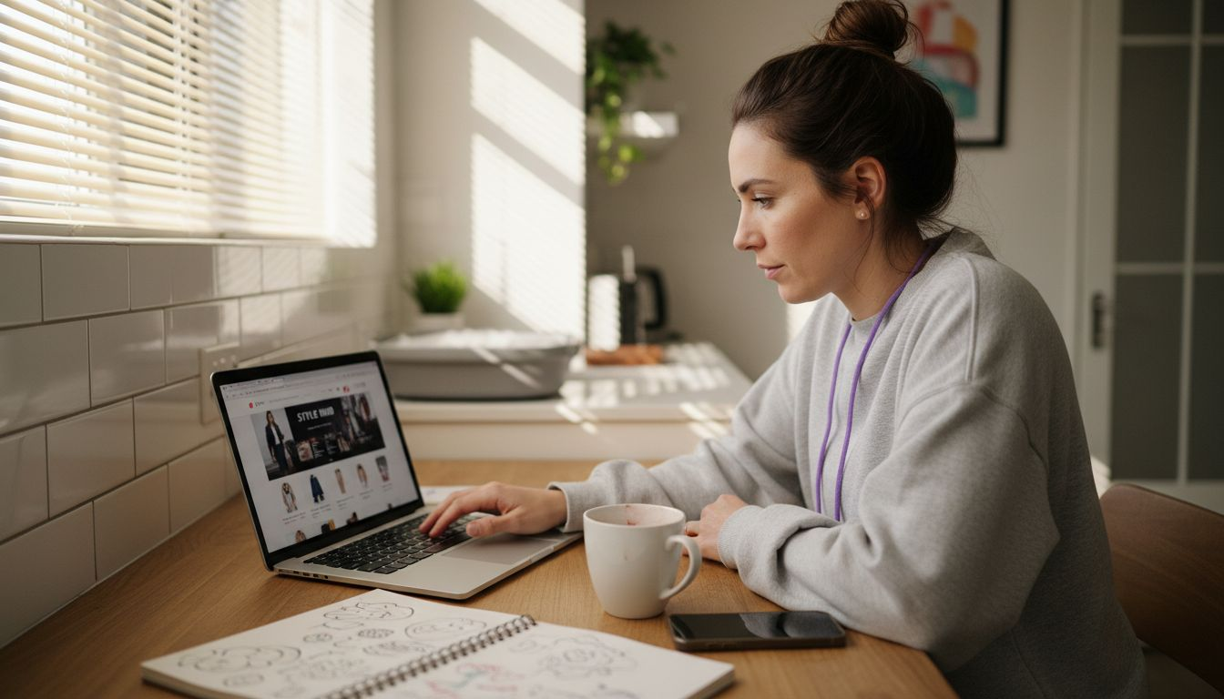 Woman browsing online t-shirt shops in bright kitchen