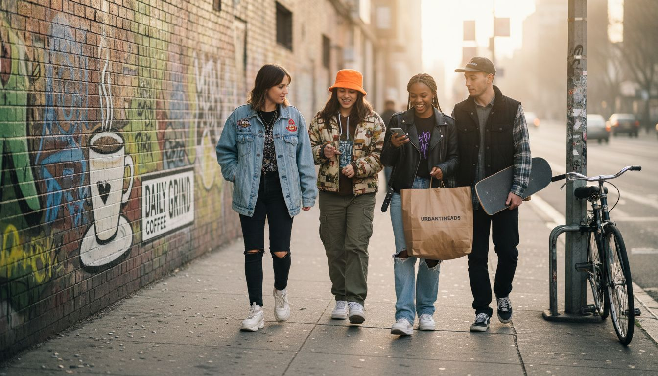 Young adults in city street fashion scene