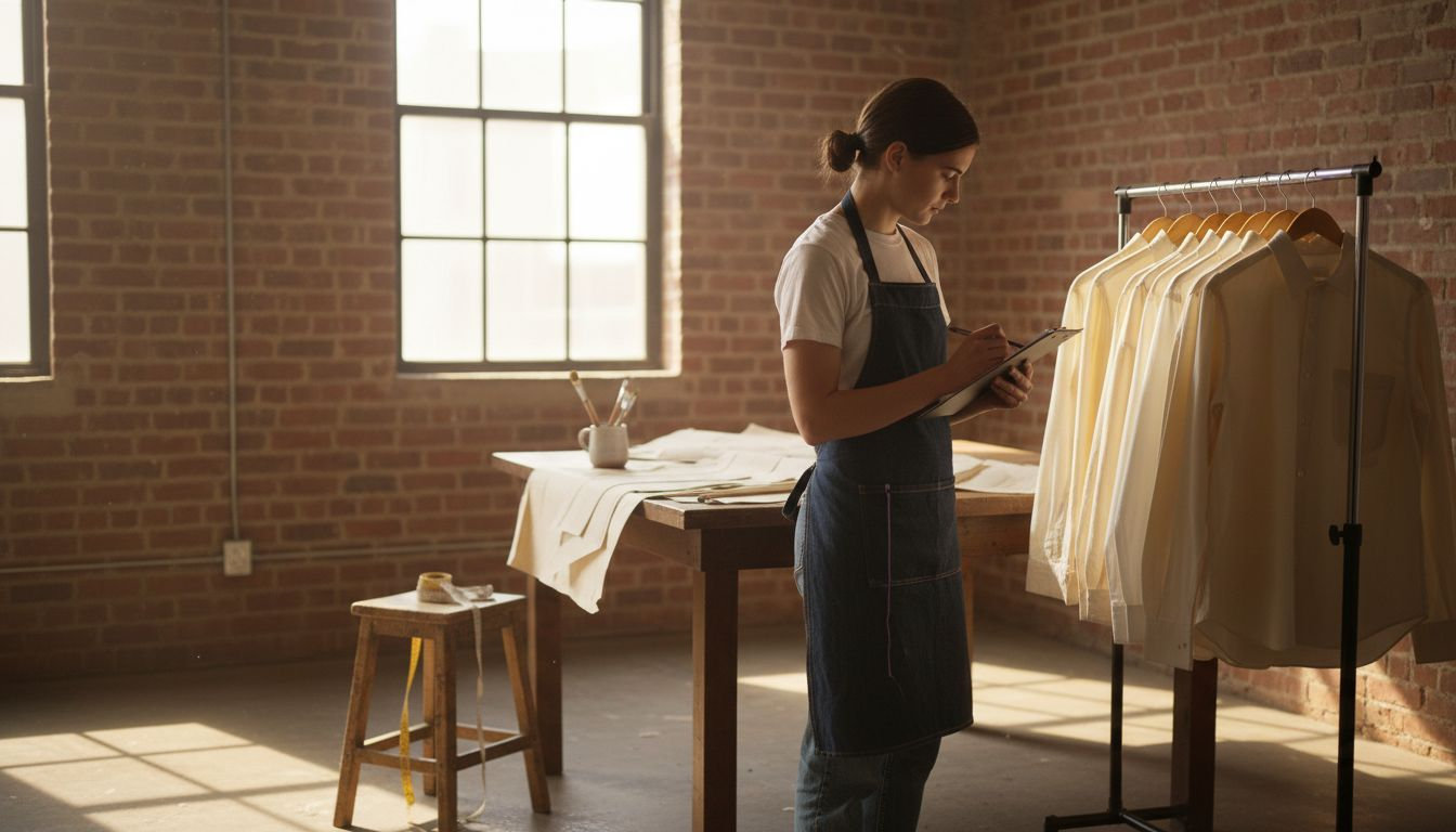 Designer reviews sustainable clothing in workshop