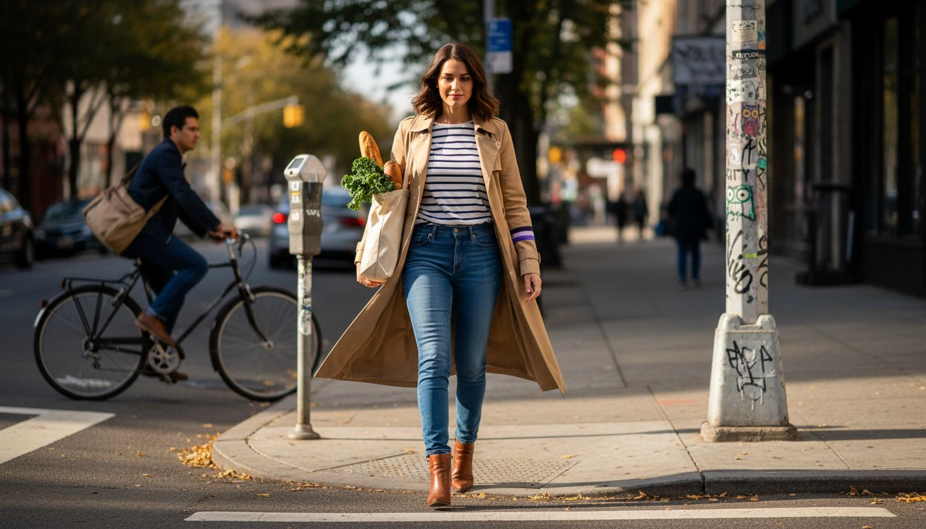 Woman in denim walking city street