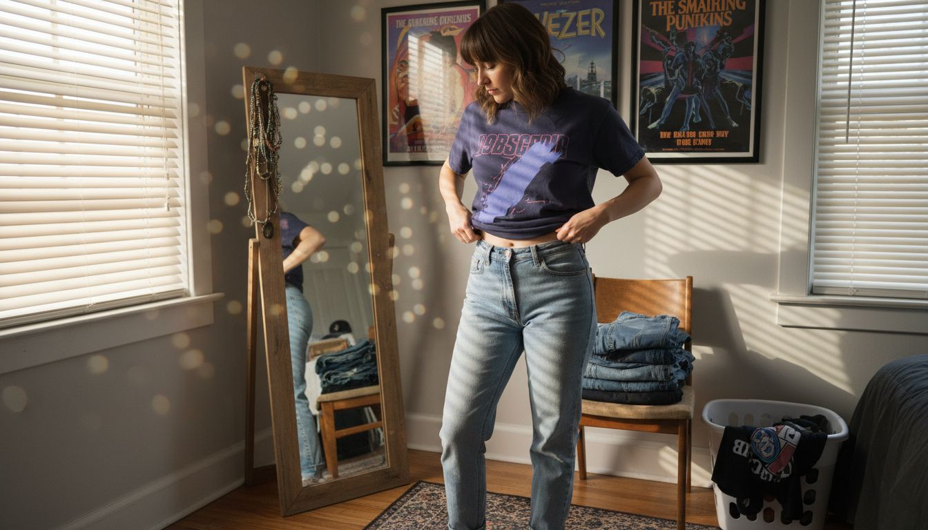 Woman styling graphic tee in bedroom mirror