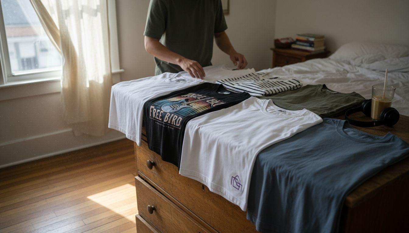 Person selecting trendy t-shirts on bedroom dresser