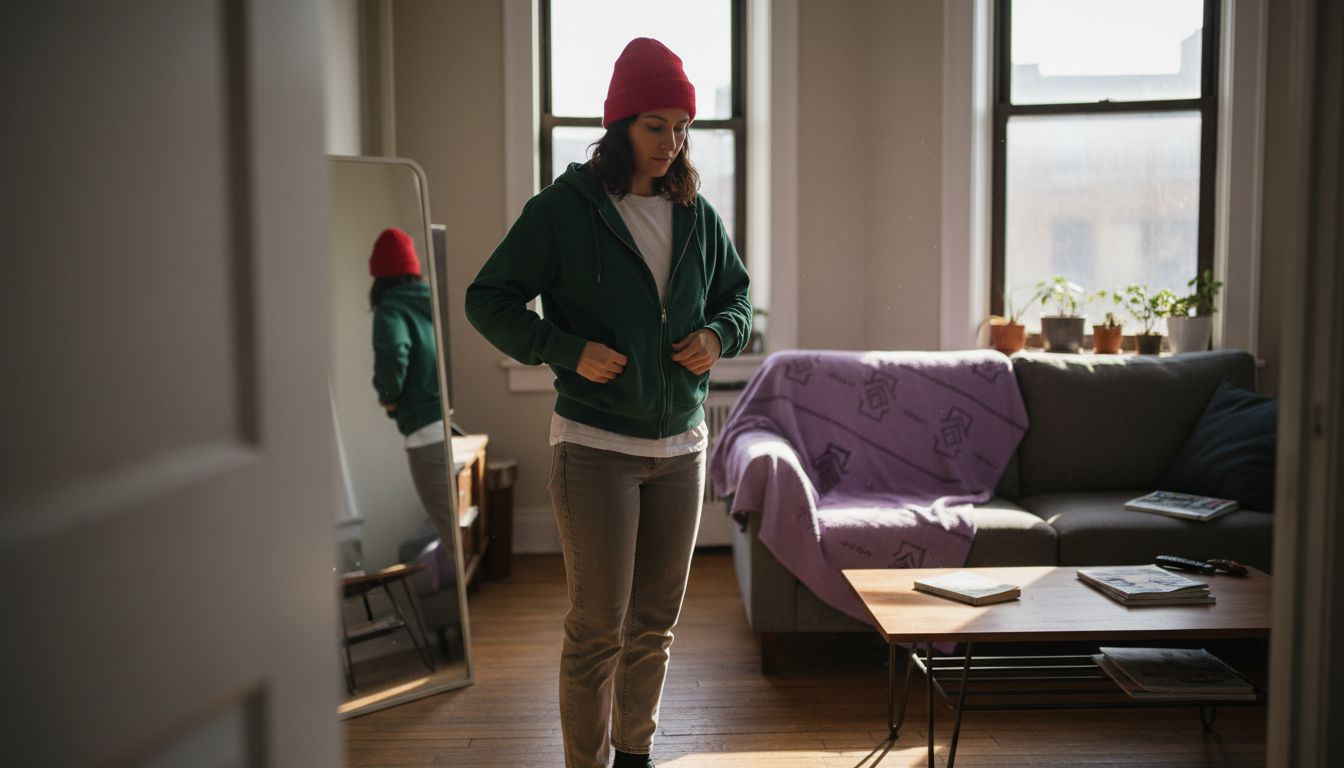 Woman matches trendy outfit using 60-30-10 rule