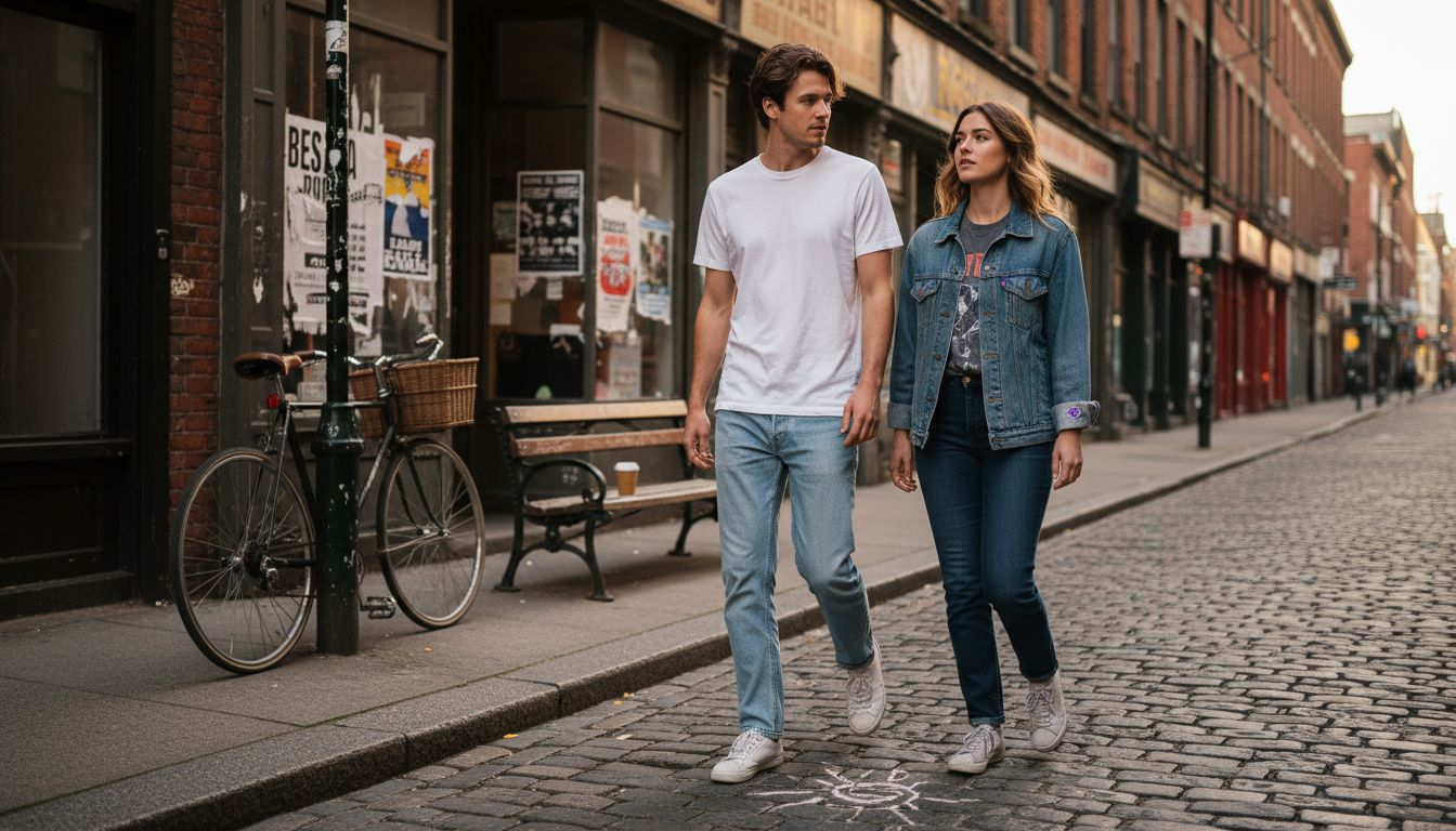 Young adults in denim walking on city street
