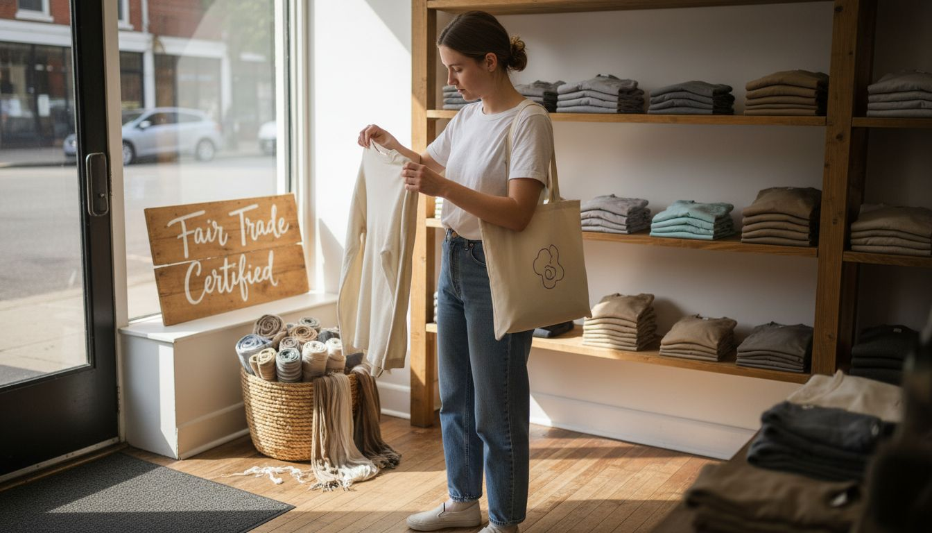 Woman examining tag in ethical clothing store