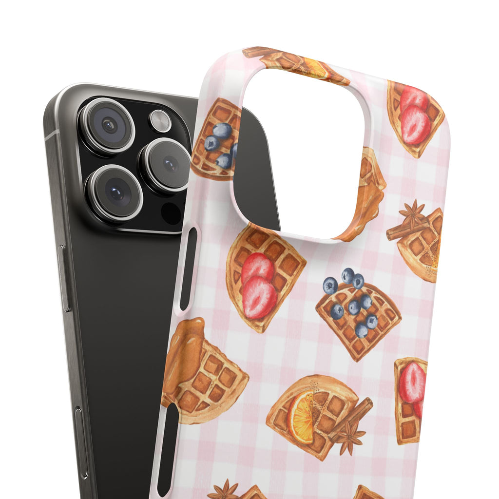 Waffle Picnic Phone Case — Cute Strawberry & Blueberry Waffles on Pink Gingham Snap Case