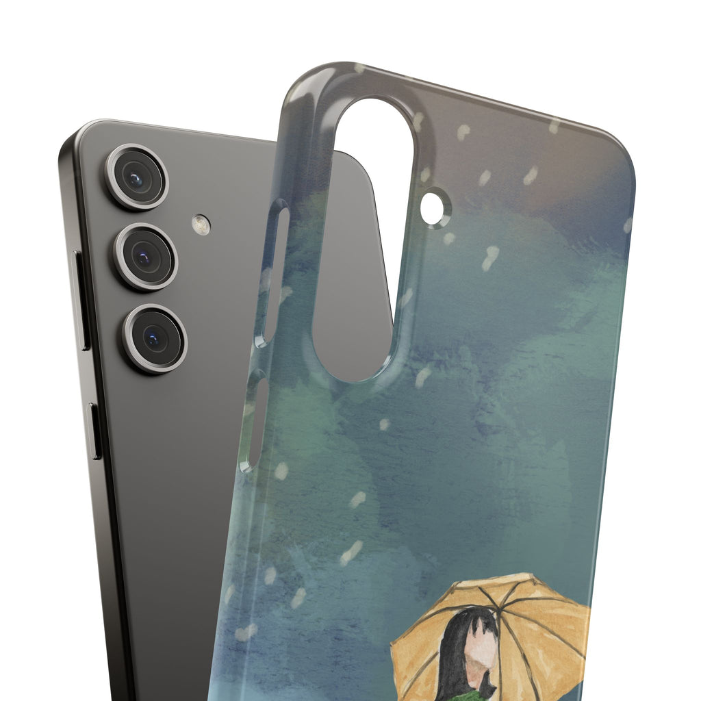 Artistic Rainfall Phone Case – Woman with Umbrella Design