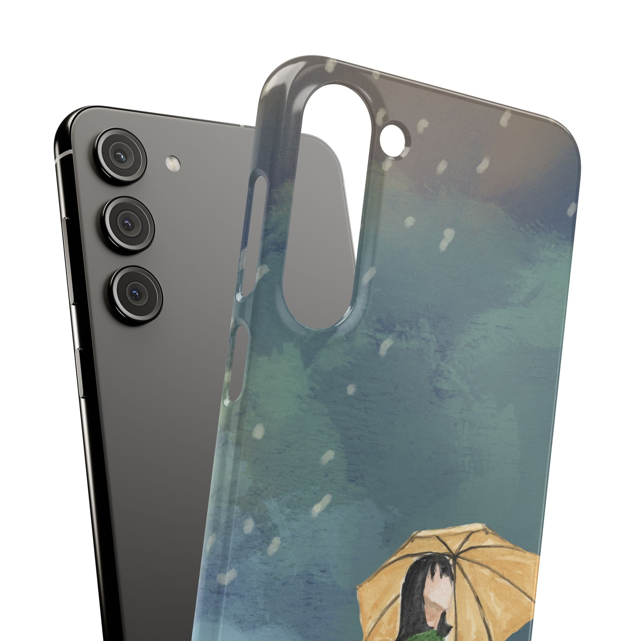 Artistic Rainfall Phone Case – Woman with Umbrella Design