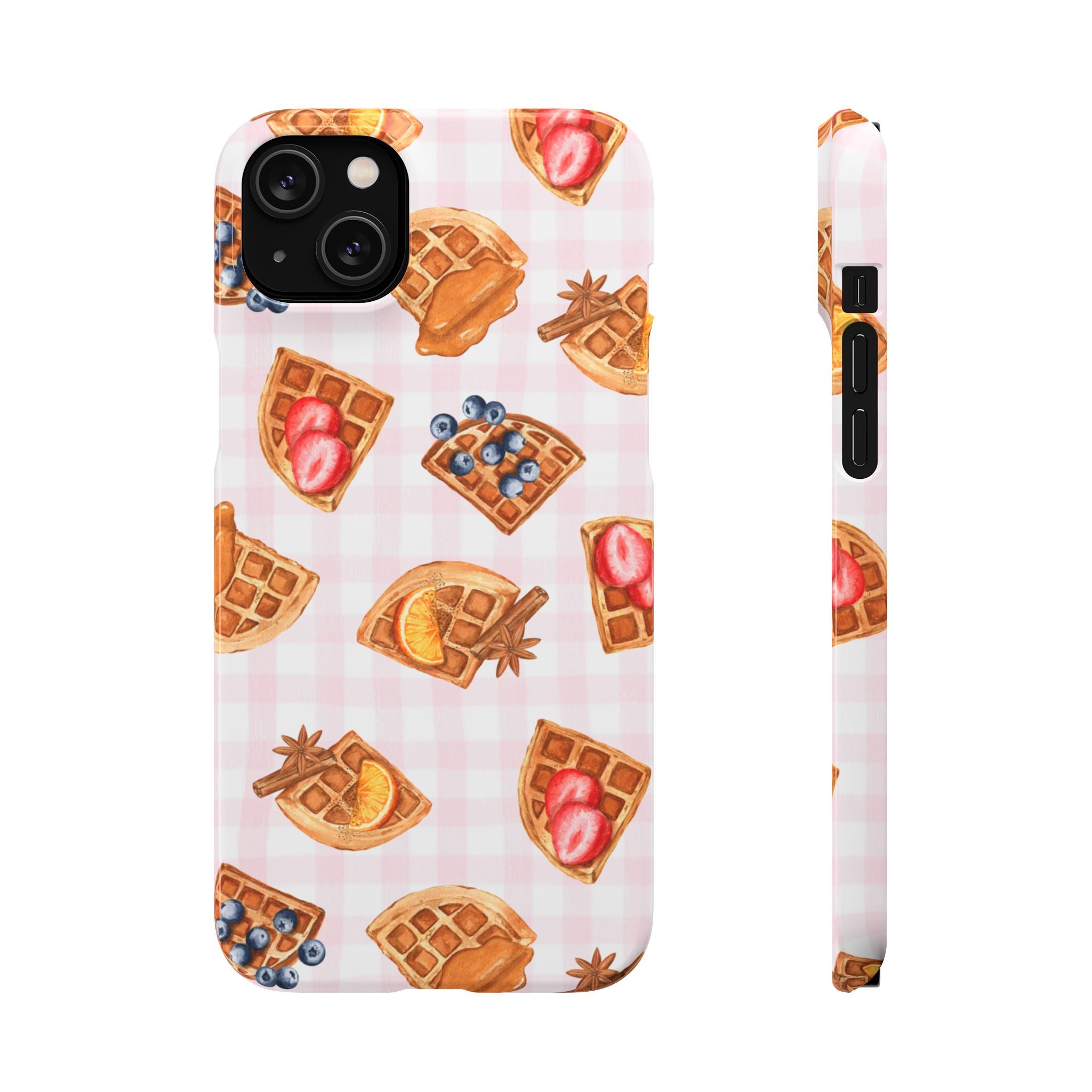 Waffle Picnic Phone Case — Cute Strawberry & Blueberry Waffles on Pink Gingham Snap Case