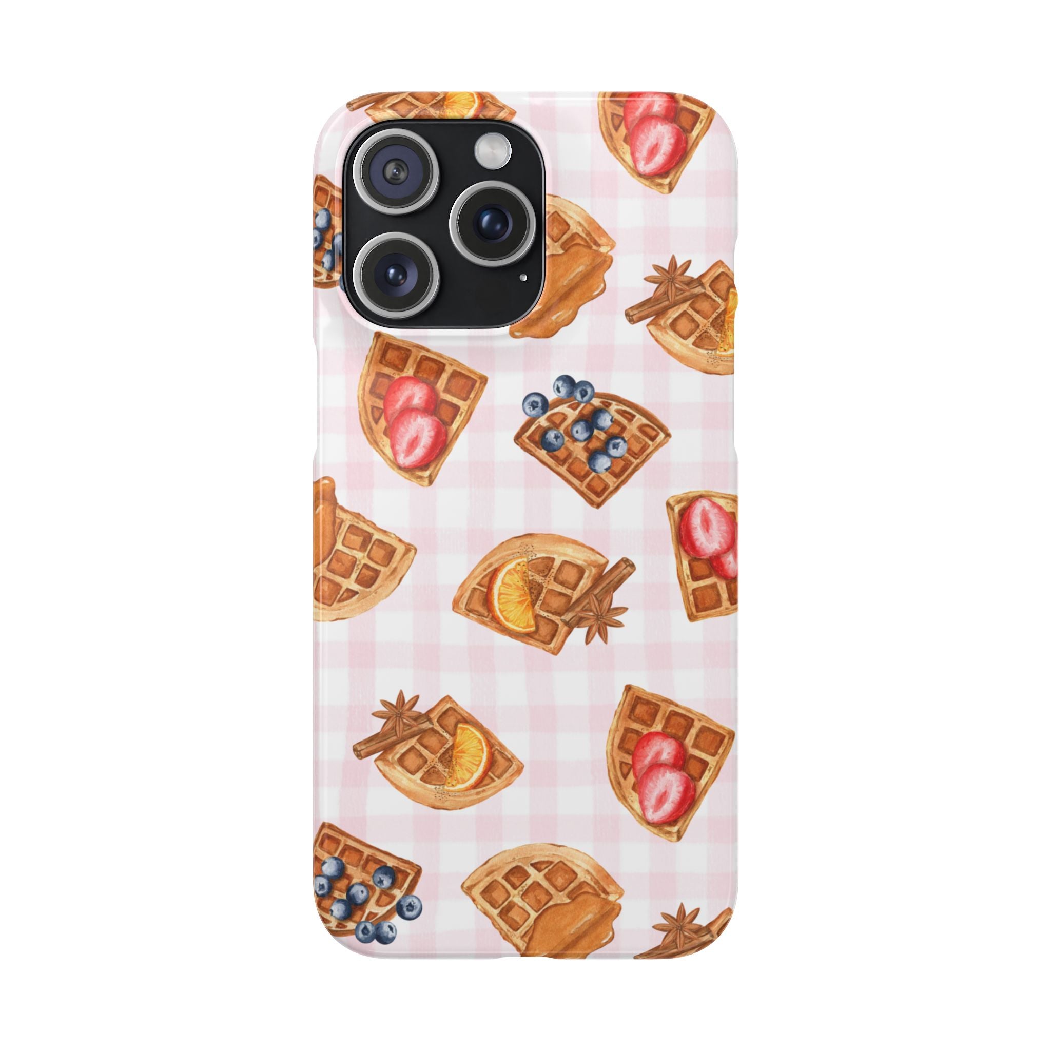 Waffle Picnic Phone Case — Cute Strawberry & Blueberry Waffles on Pink Gingham Snap Case
