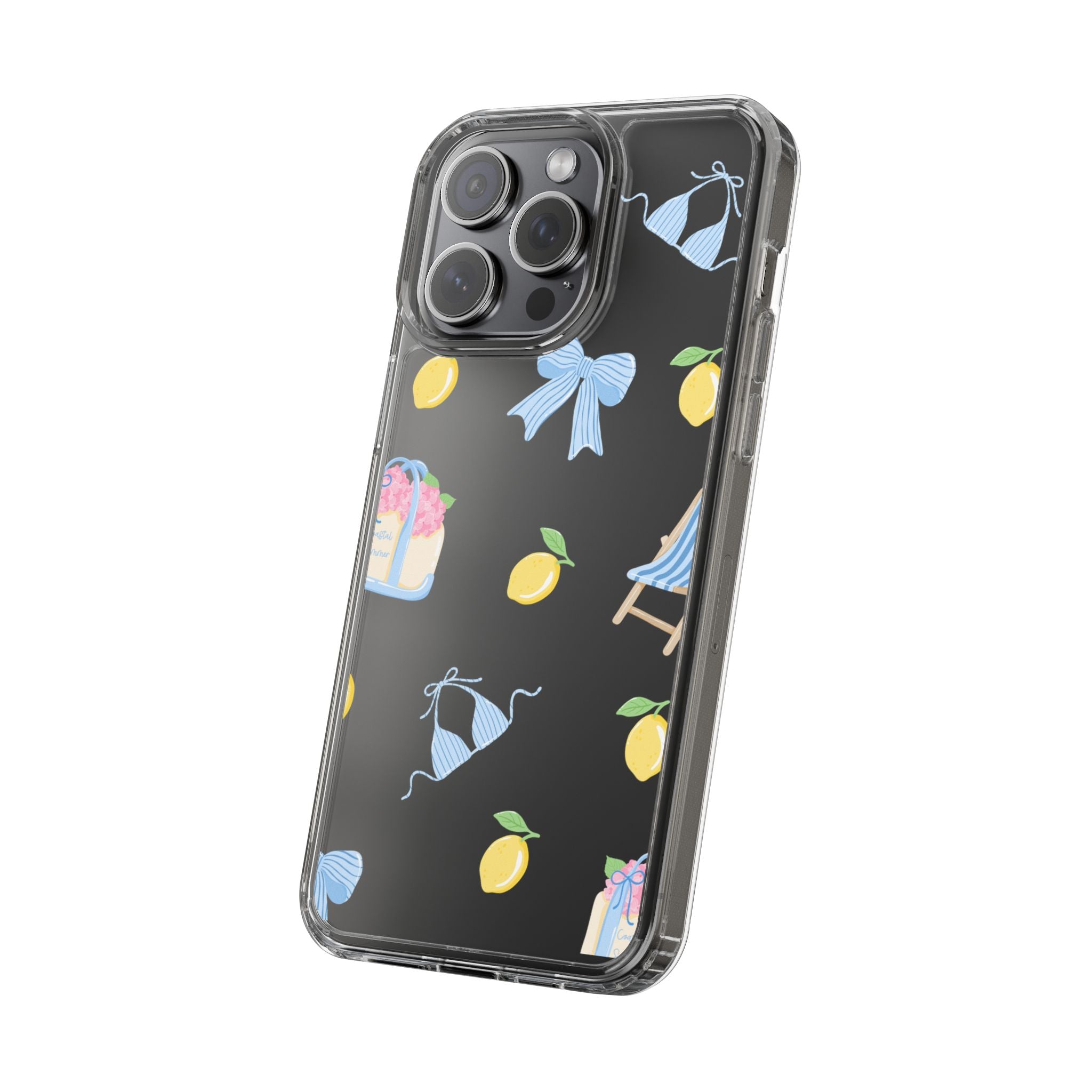 Clear Phone Case — Summer Lemon & Bow Pattern (bikini, beach chair, cake)