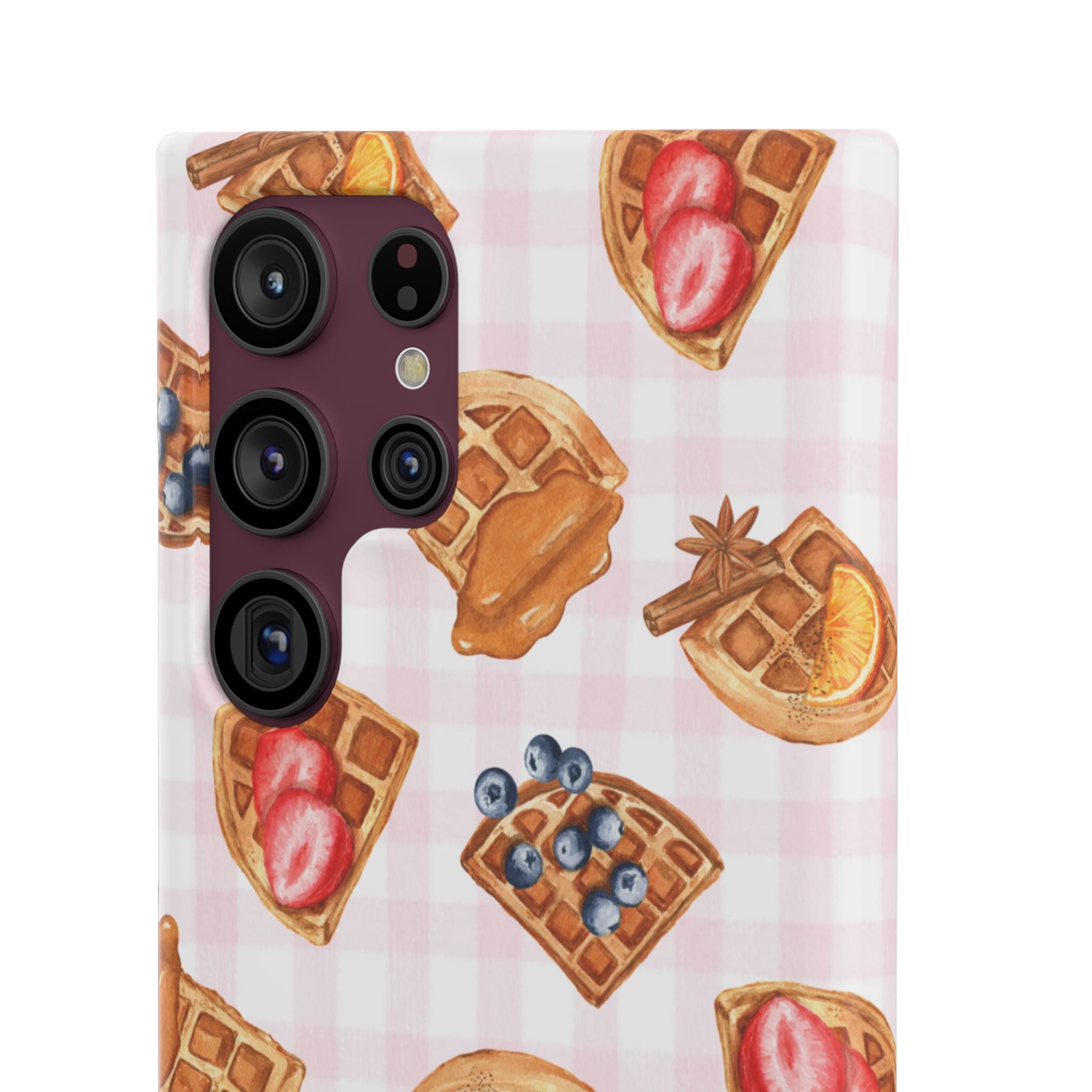 Waffle Picnic Phone Case — Cute Strawberry & Blueberry Waffles on Pink Gingham Snap Case