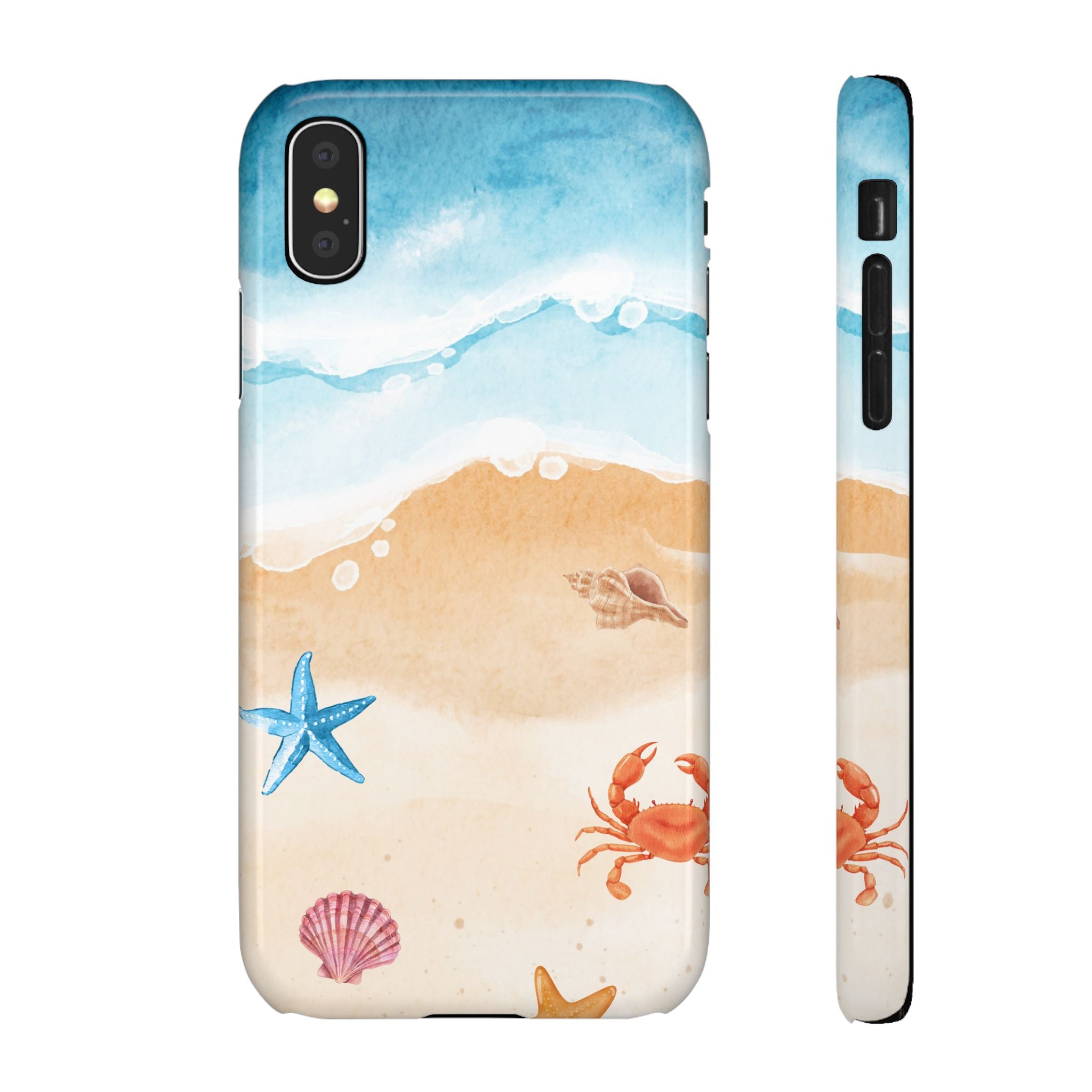 Beach Scene Phone Case — Watercolor Sand, Seashells & Crabs