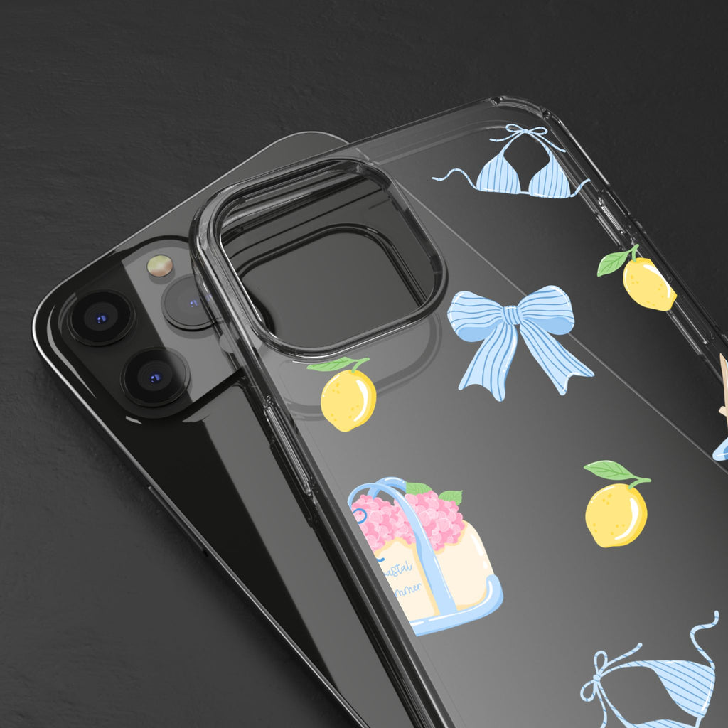 Clear Phone Case — Summer Lemon & Bow Pattern (bikini, beach chair, cake)