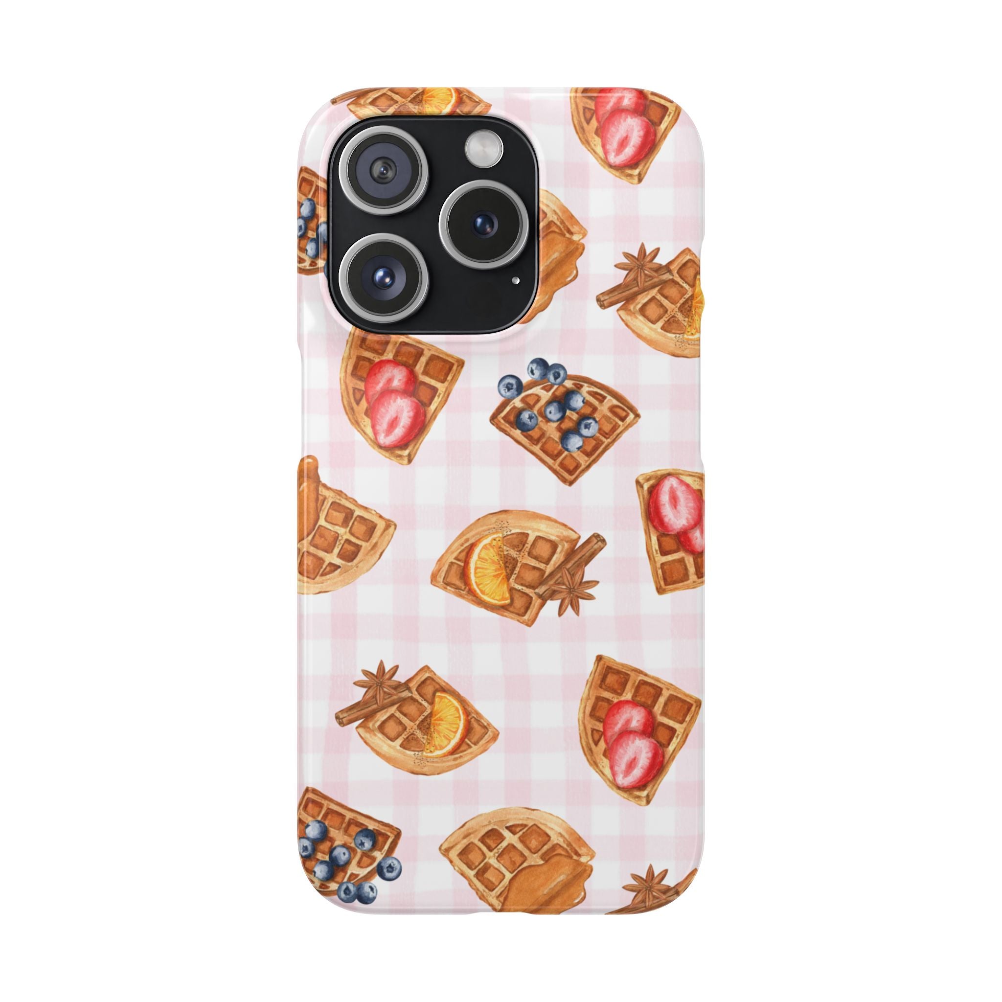 Waffle Picnic Phone Case — Cute Strawberry & Blueberry Waffles on Pink Gingham Snap Case
