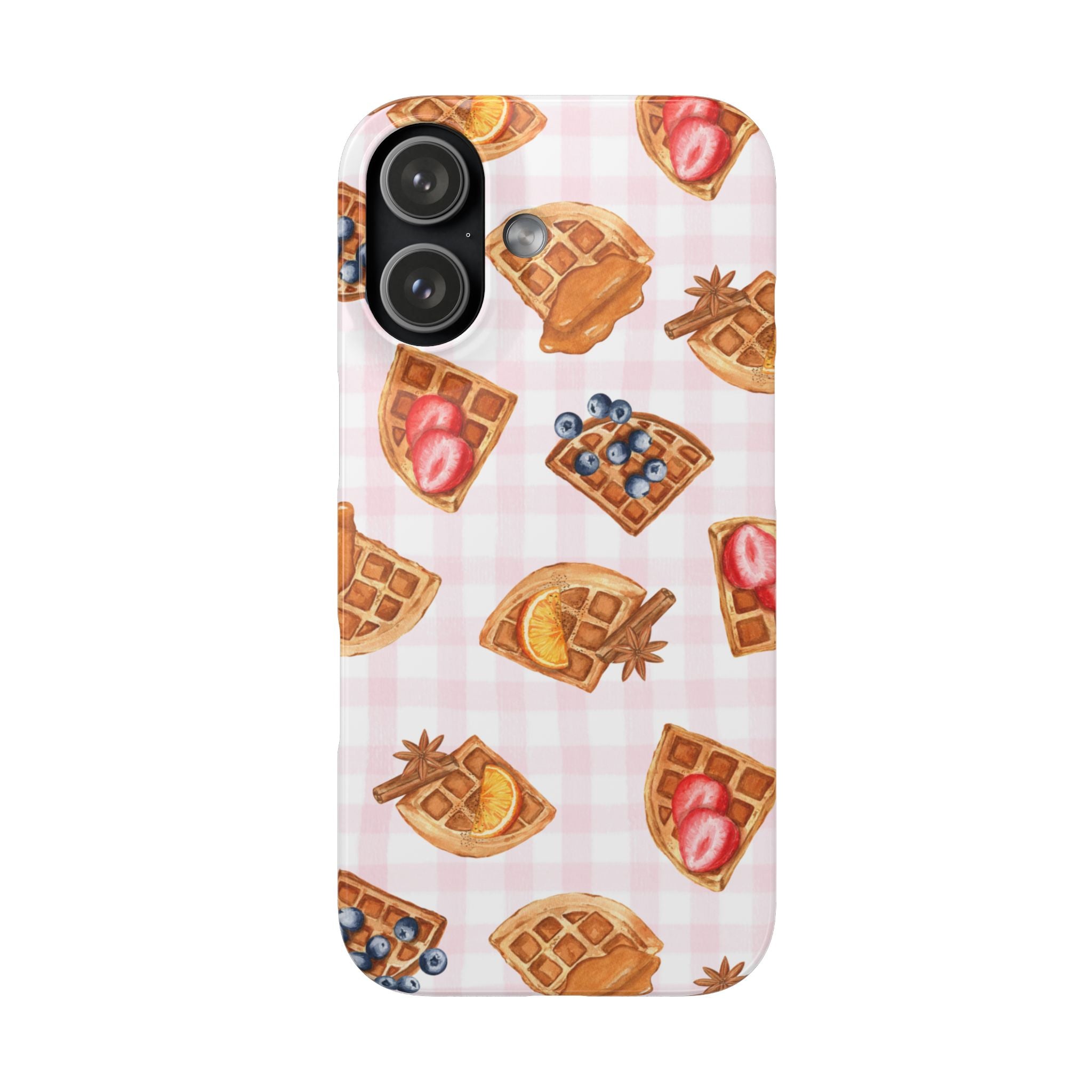 Waffle Picnic Phone Case — Cute Strawberry & Blueberry Waffles on Pink Gingham Snap Case