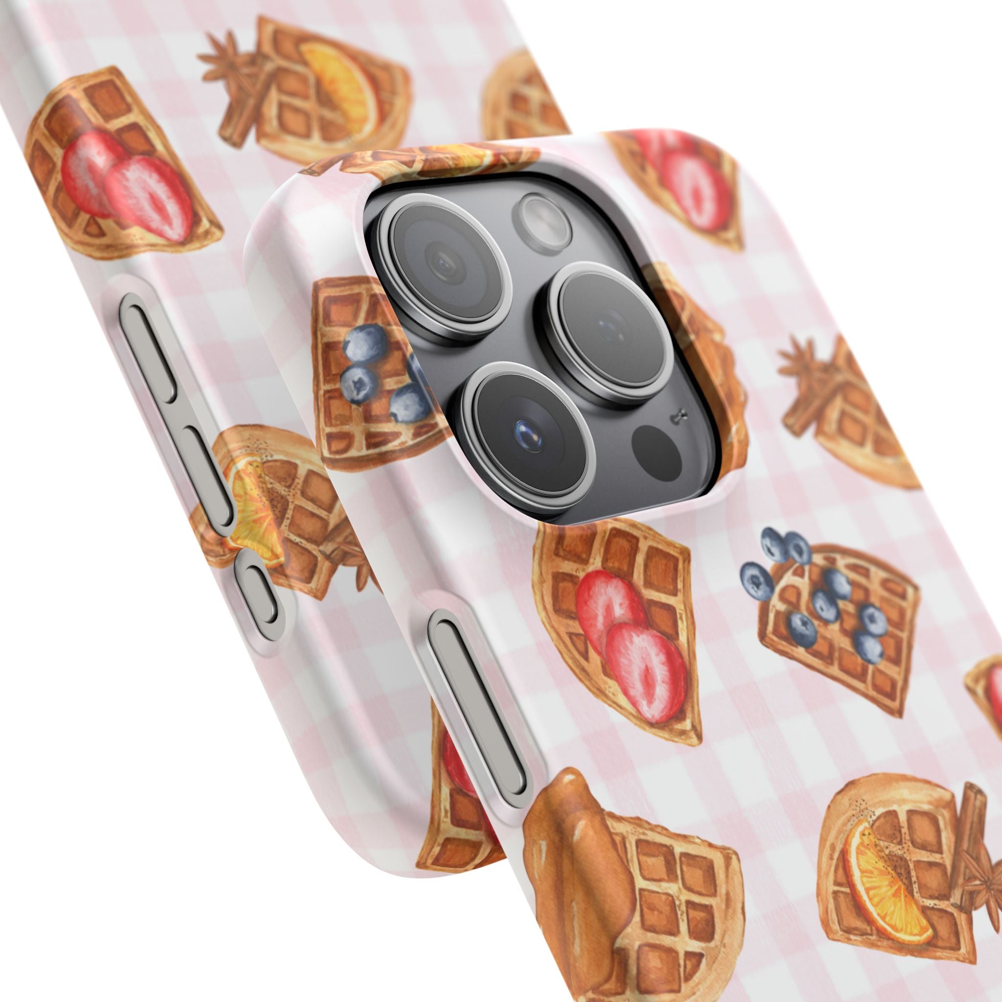 Waffle Picnic Phone Case — Cute Strawberry & Blueberry Waffles on Pink Gingham Snap Case