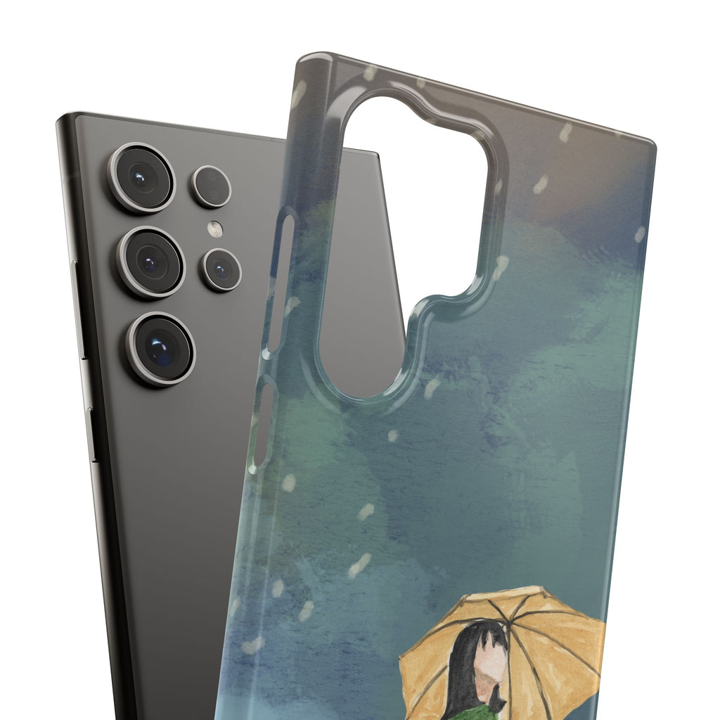 Artistic Rainfall Phone Case – Woman with Umbrella Design