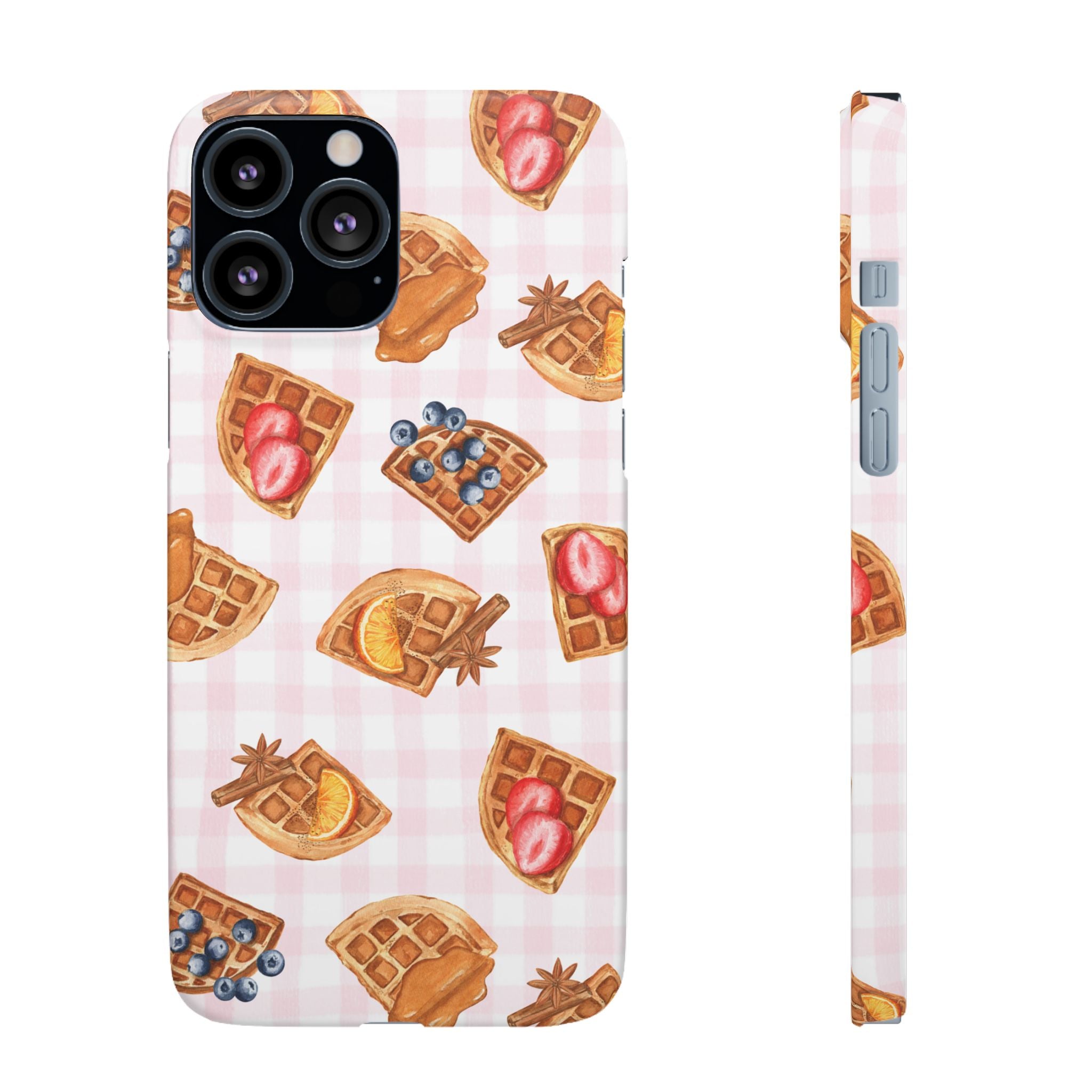 Waffle Picnic Phone Case — Cute Strawberry & Blueberry Waffles on Pink Gingham Snap Case