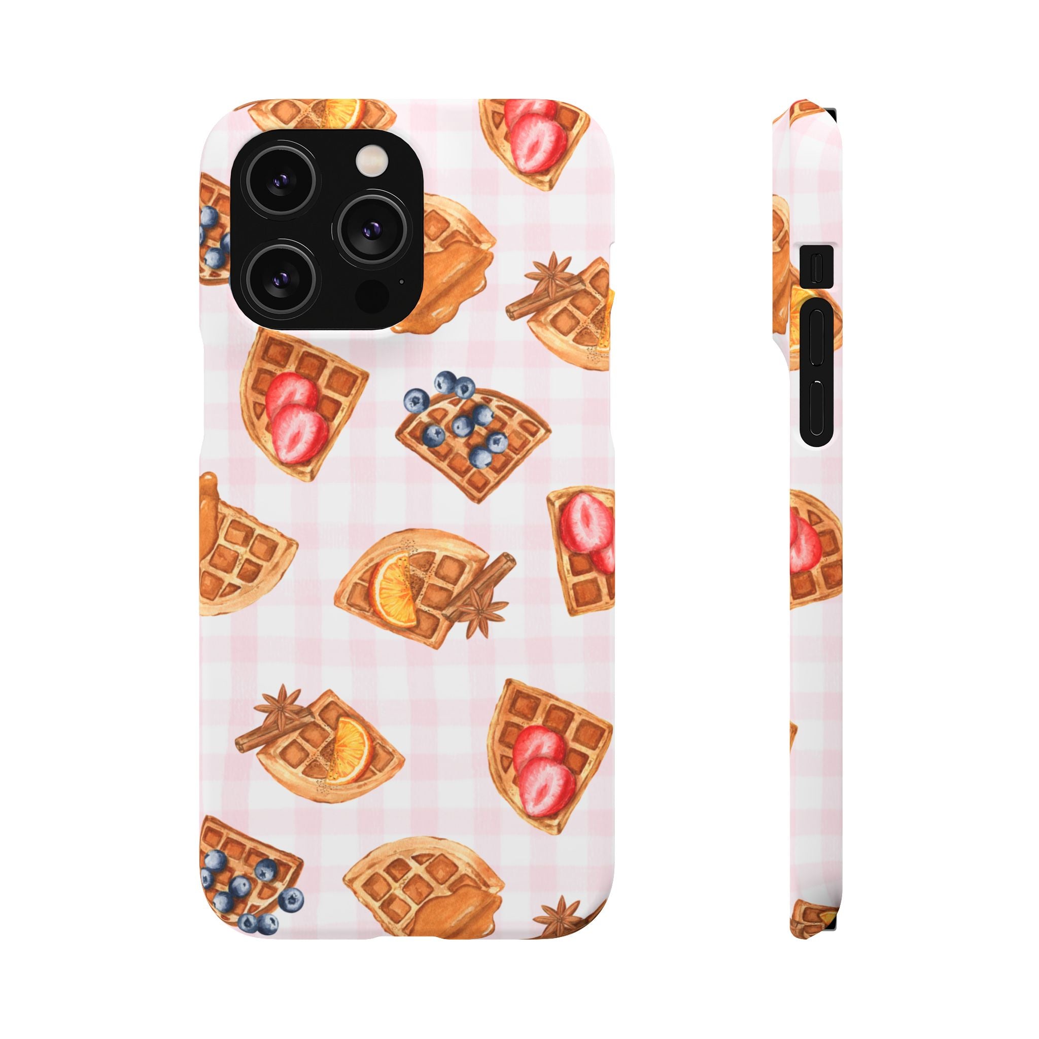 Waffle Picnic Phone Case — Cute Strawberry & Blueberry Waffles on Pink Gingham Snap Case