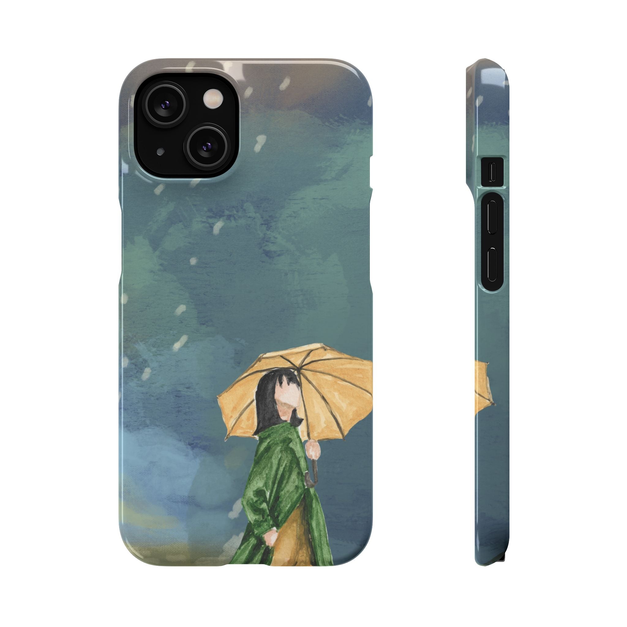 Artistic Rainfall Phone Case – Woman with Umbrella Design