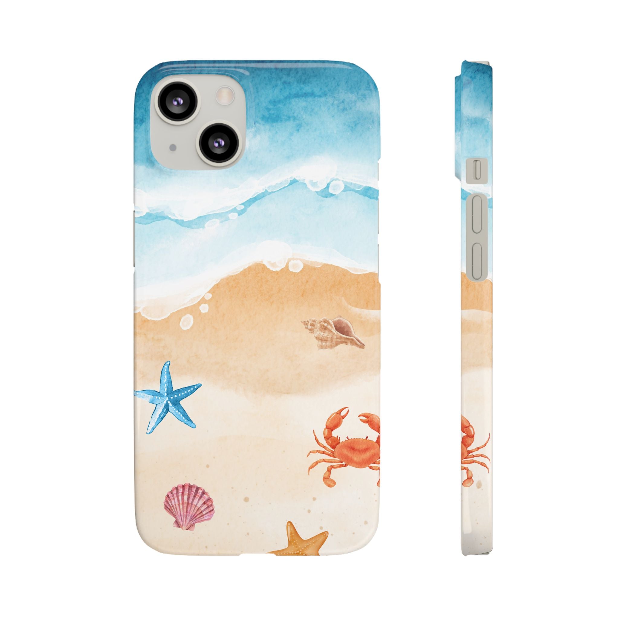 Beach Scene Phone Case — Watercolor Sand, Seashells & Crabs