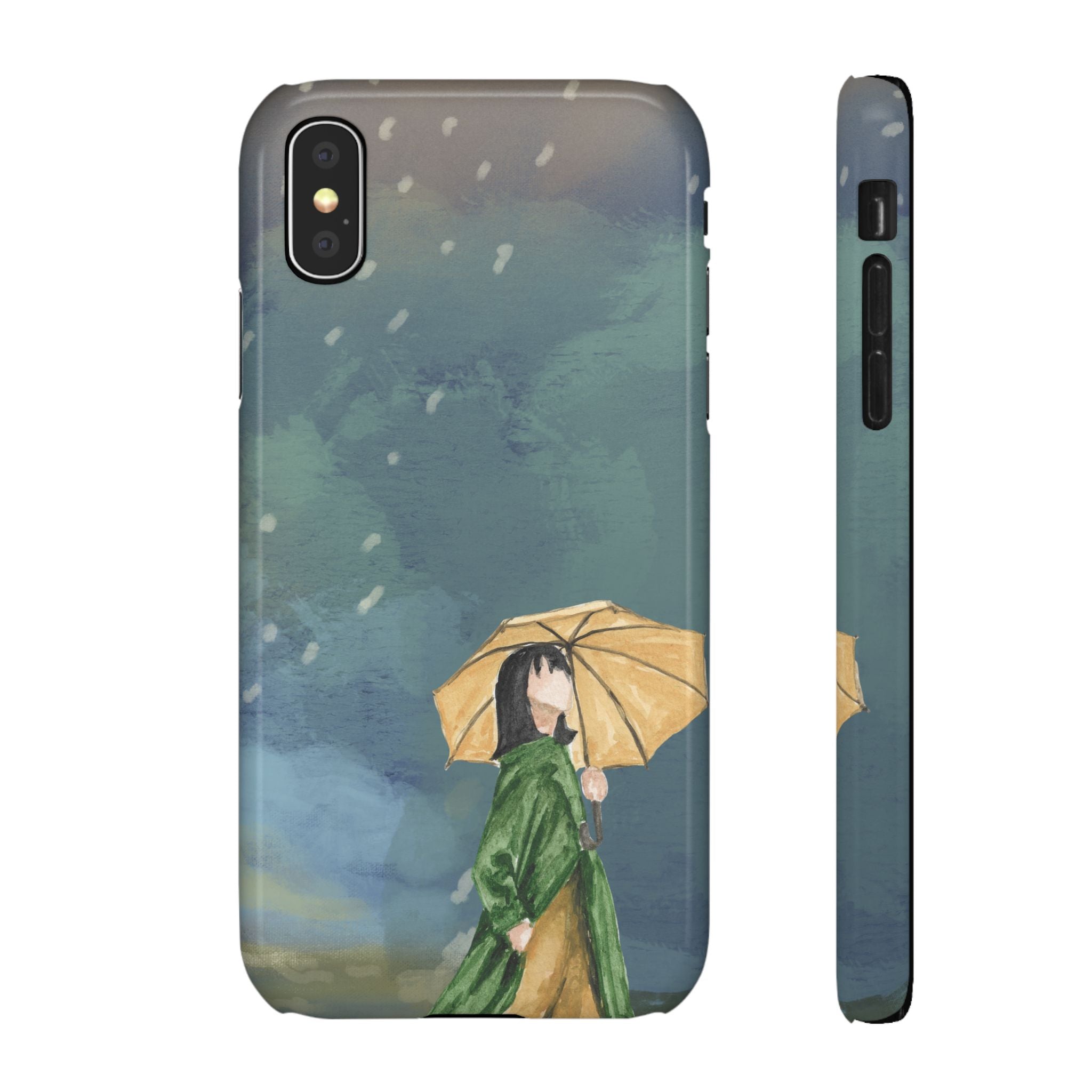 Artistic Rainfall Phone Case – Woman with Umbrella Design