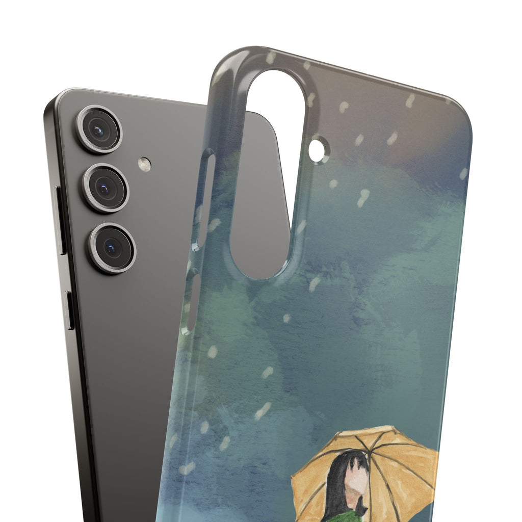 Artistic Rainfall Phone Case – Woman with Umbrella Design