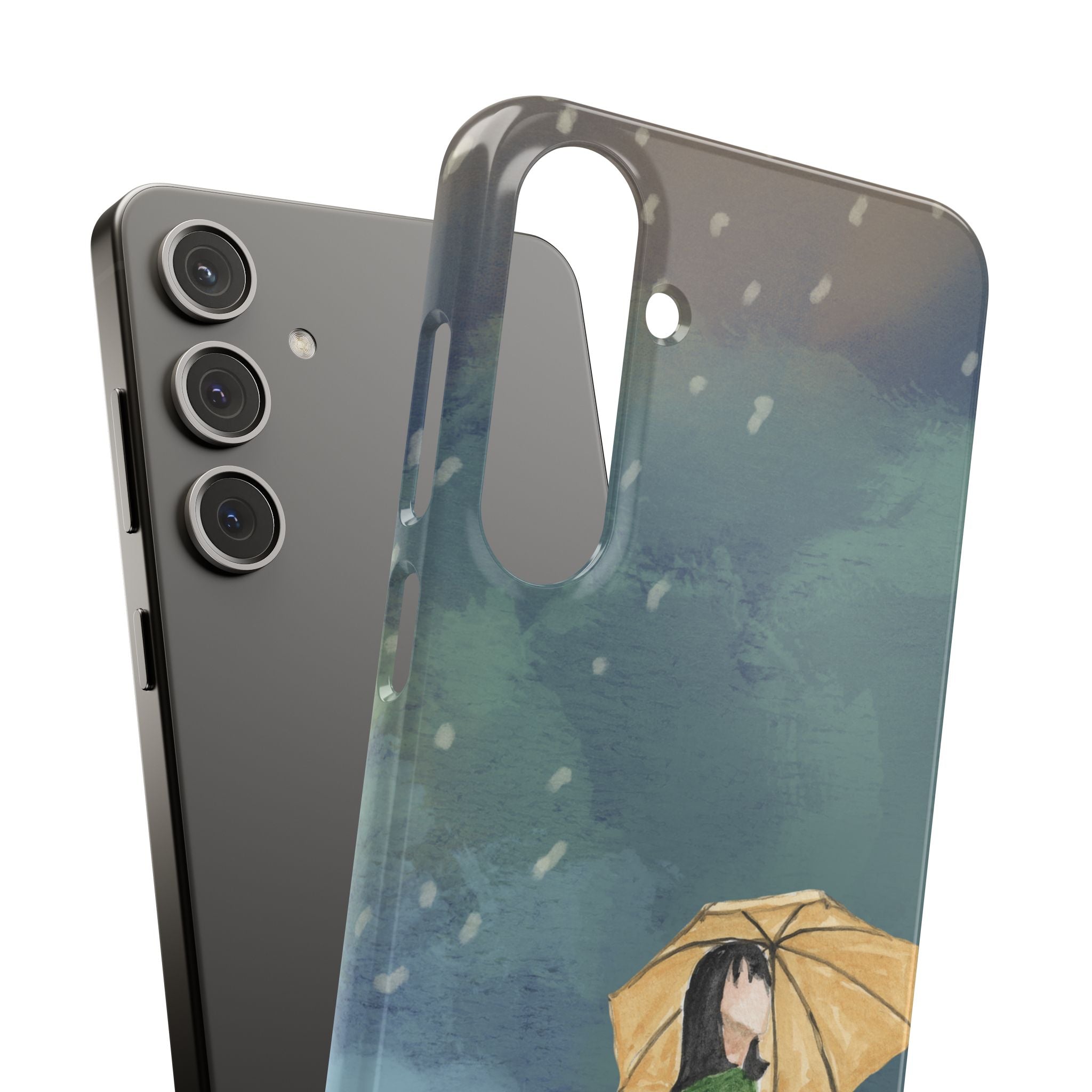 Artistic Rainfall Phone Case – Woman with Umbrella Design