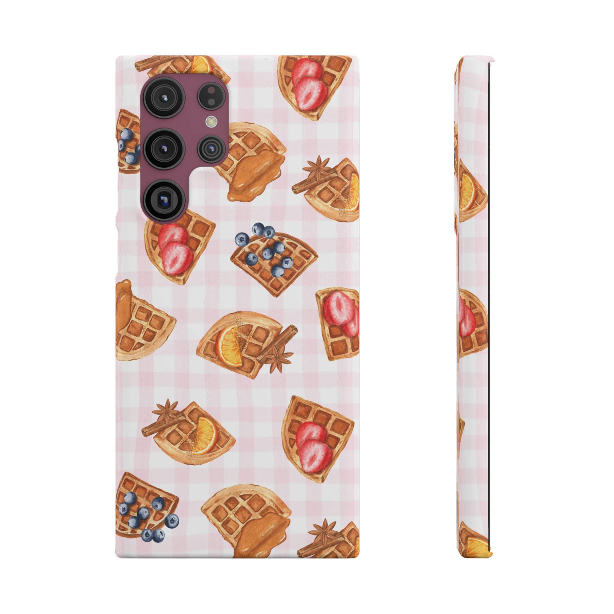 Waffle Picnic Phone Case — Cute Strawberry & Blueberry Waffles on Pink Gingham Snap Case