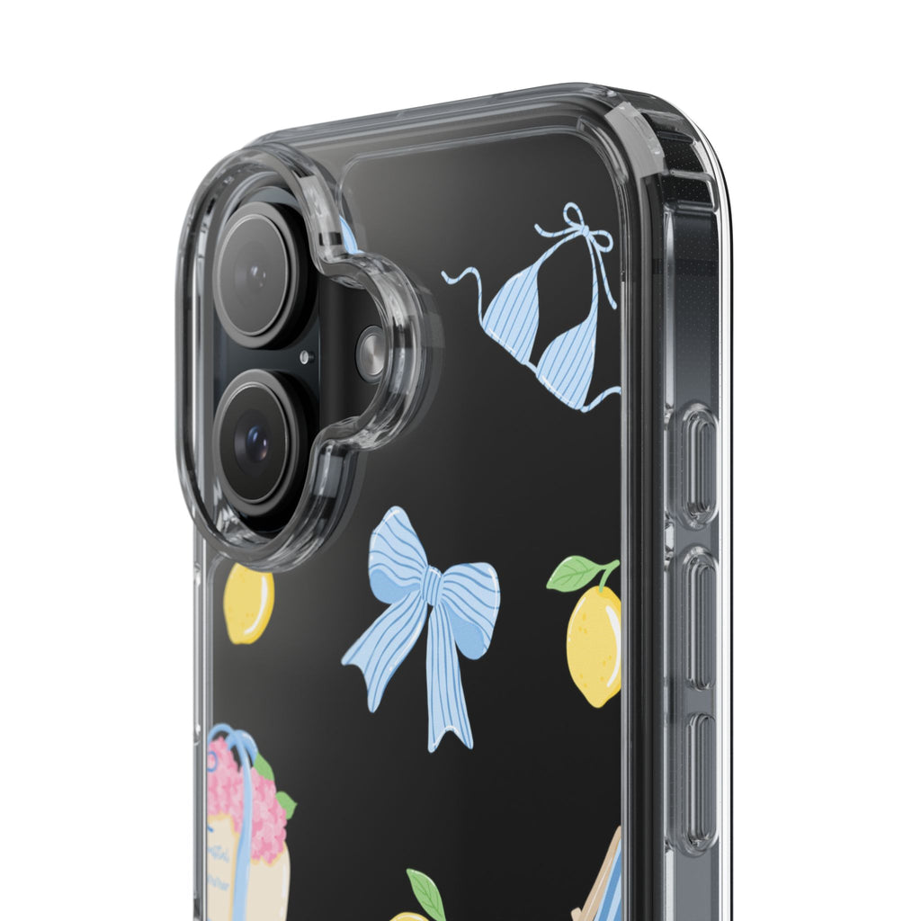 Clear Phone Case — Summer Lemon & Bow Pattern (bikini, beach chair, cake)