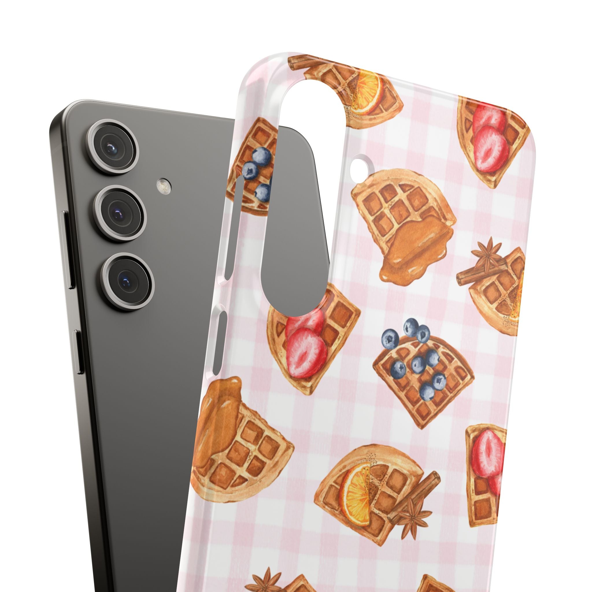 Waffle Picnic Phone Case — Cute Strawberry & Blueberry Waffles on Pink Gingham Snap Case