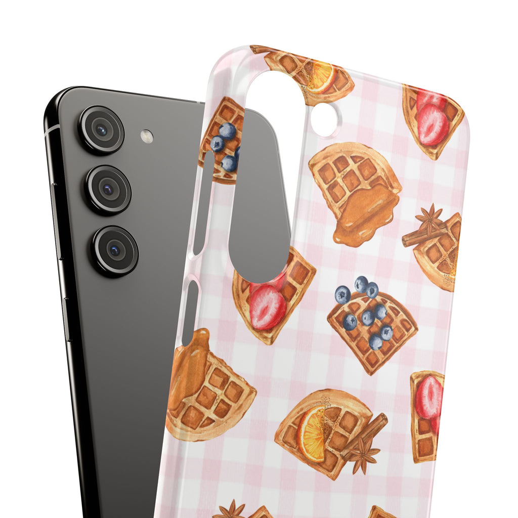 Waffle Picnic Phone Case — Cute Strawberry & Blueberry Waffles on Pink Gingham Snap Case