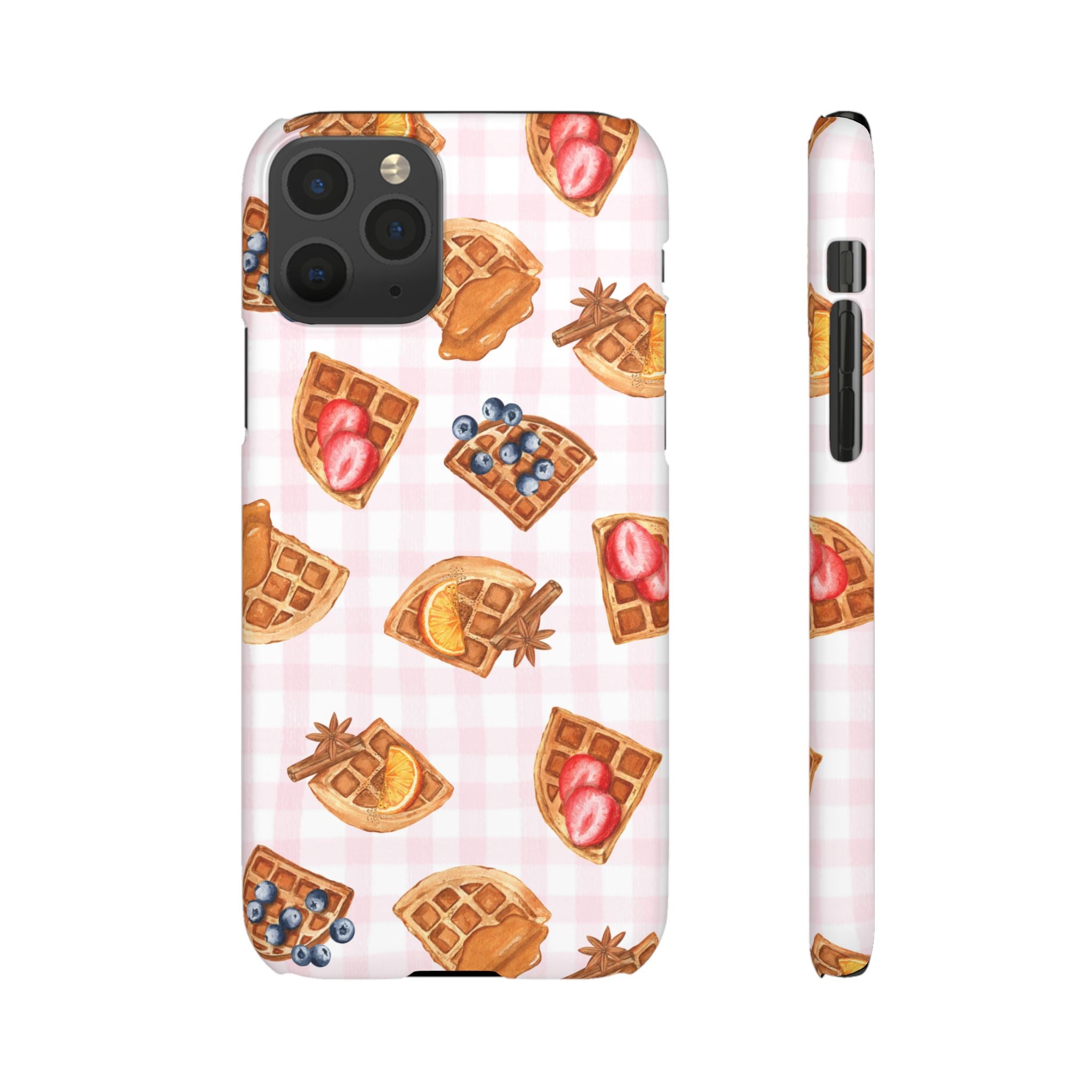 Waffle Picnic Phone Case — Cute Strawberry & Blueberry Waffles on Pink Gingham Snap Case