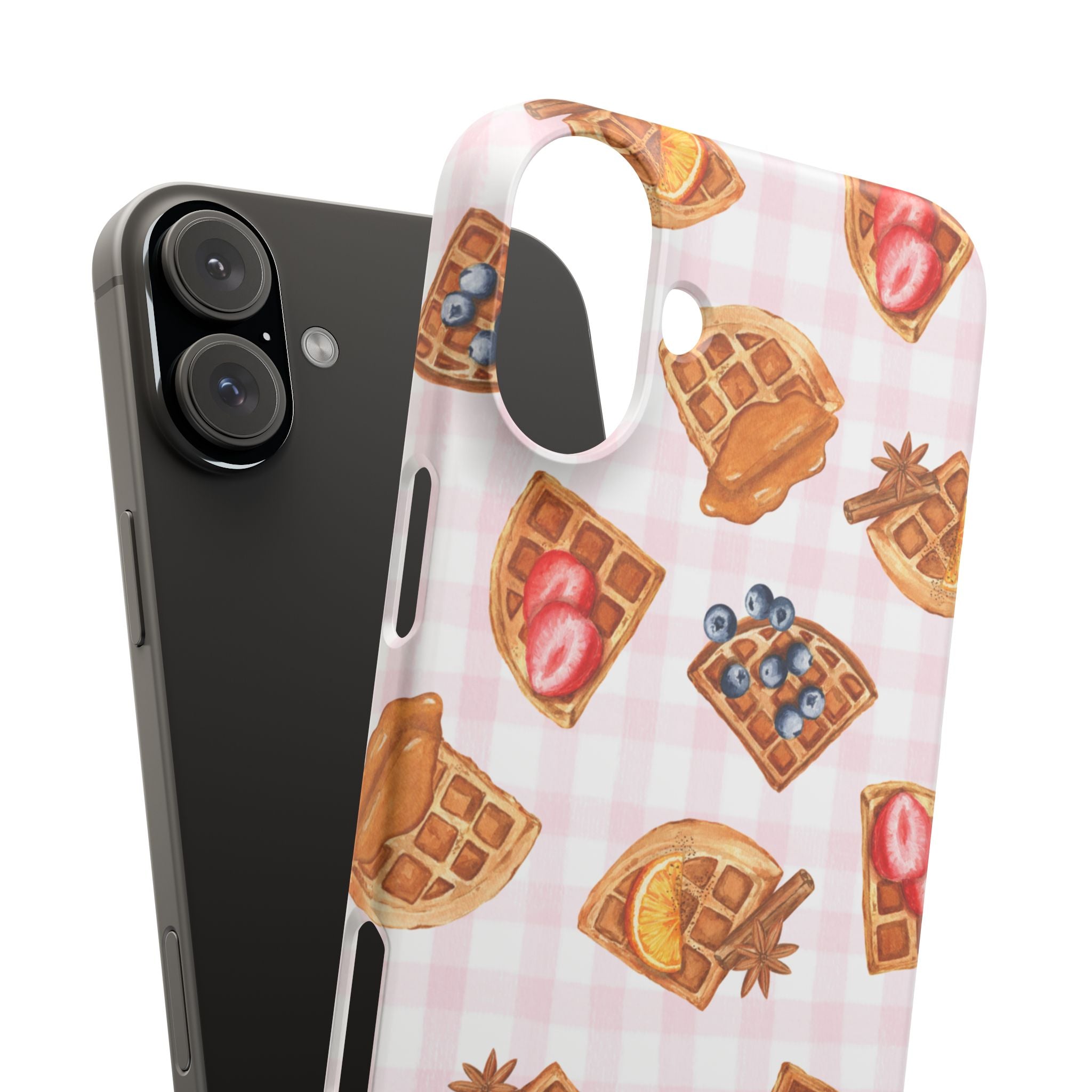 Waffle Picnic Phone Case — Cute Strawberry & Blueberry Waffles on Pink Gingham Snap Case