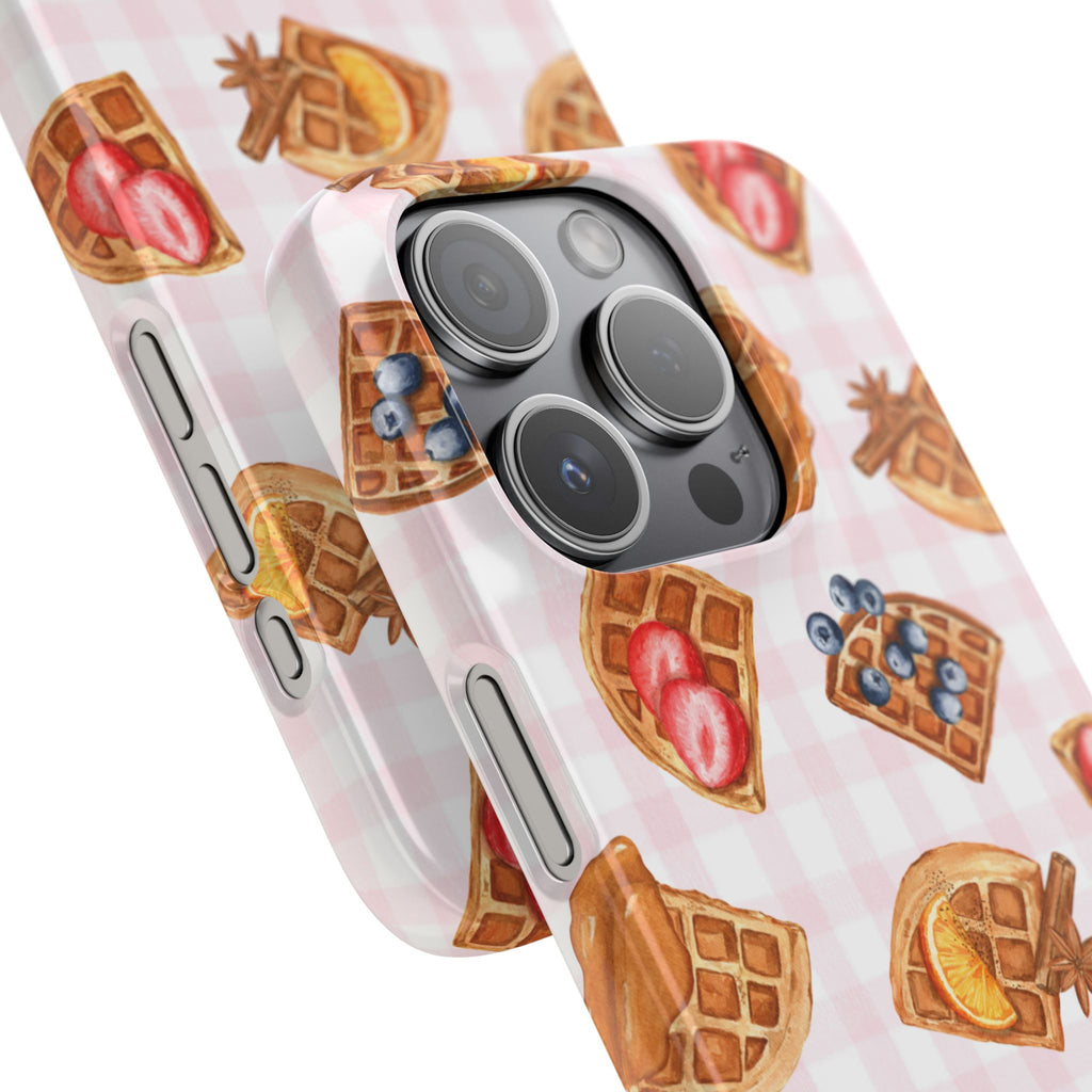 Waffle Picnic Phone Case — Cute Strawberry & Blueberry Waffles on Pink Gingham Snap Case