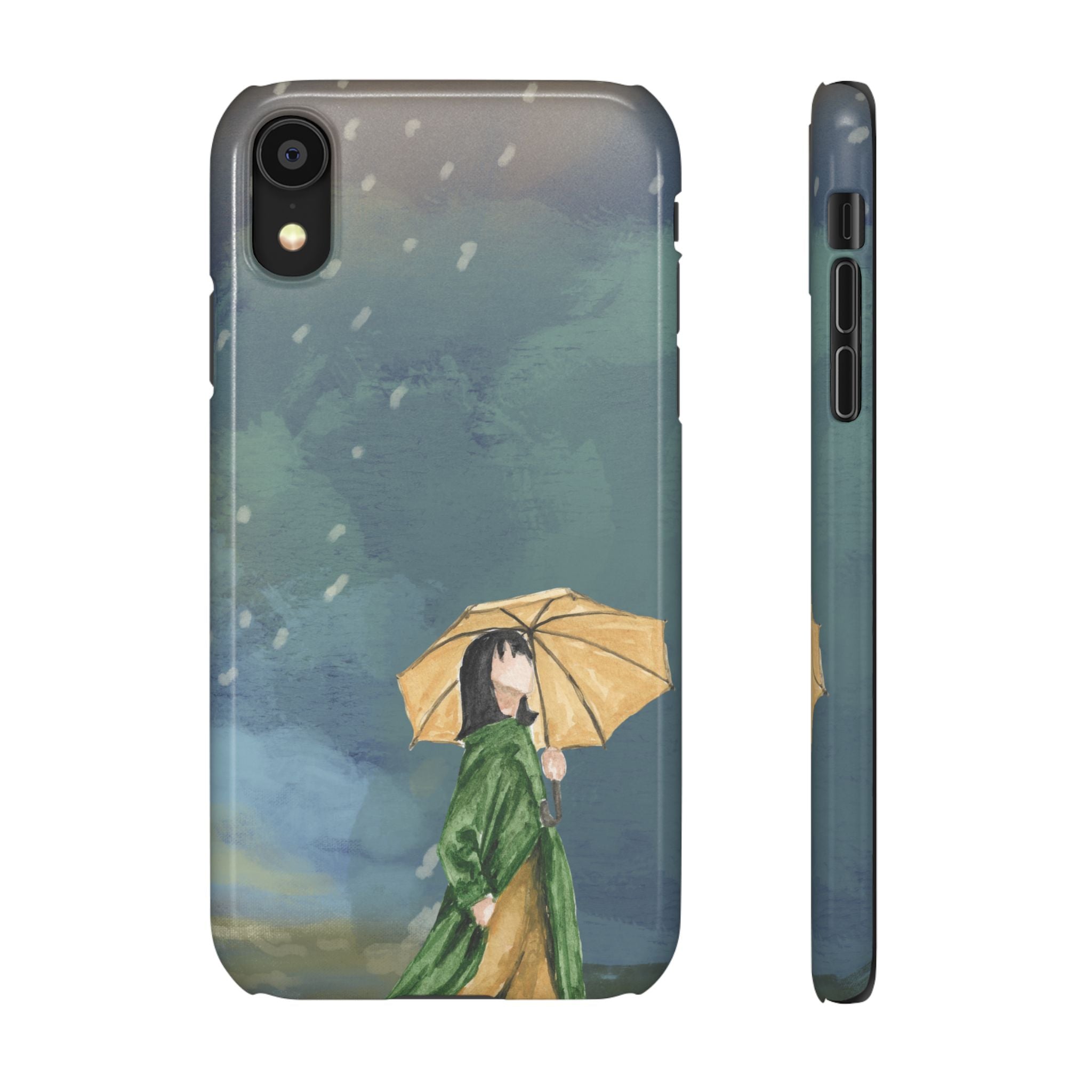 Artistic Rainfall Phone Case – Woman with Umbrella Design