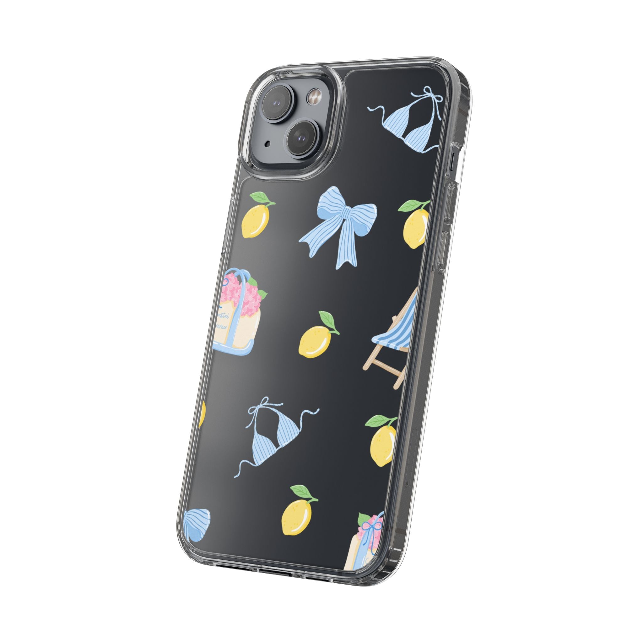 Clear Phone Case — Summer Lemon & Bow Pattern (bikini, beach chair, cake)