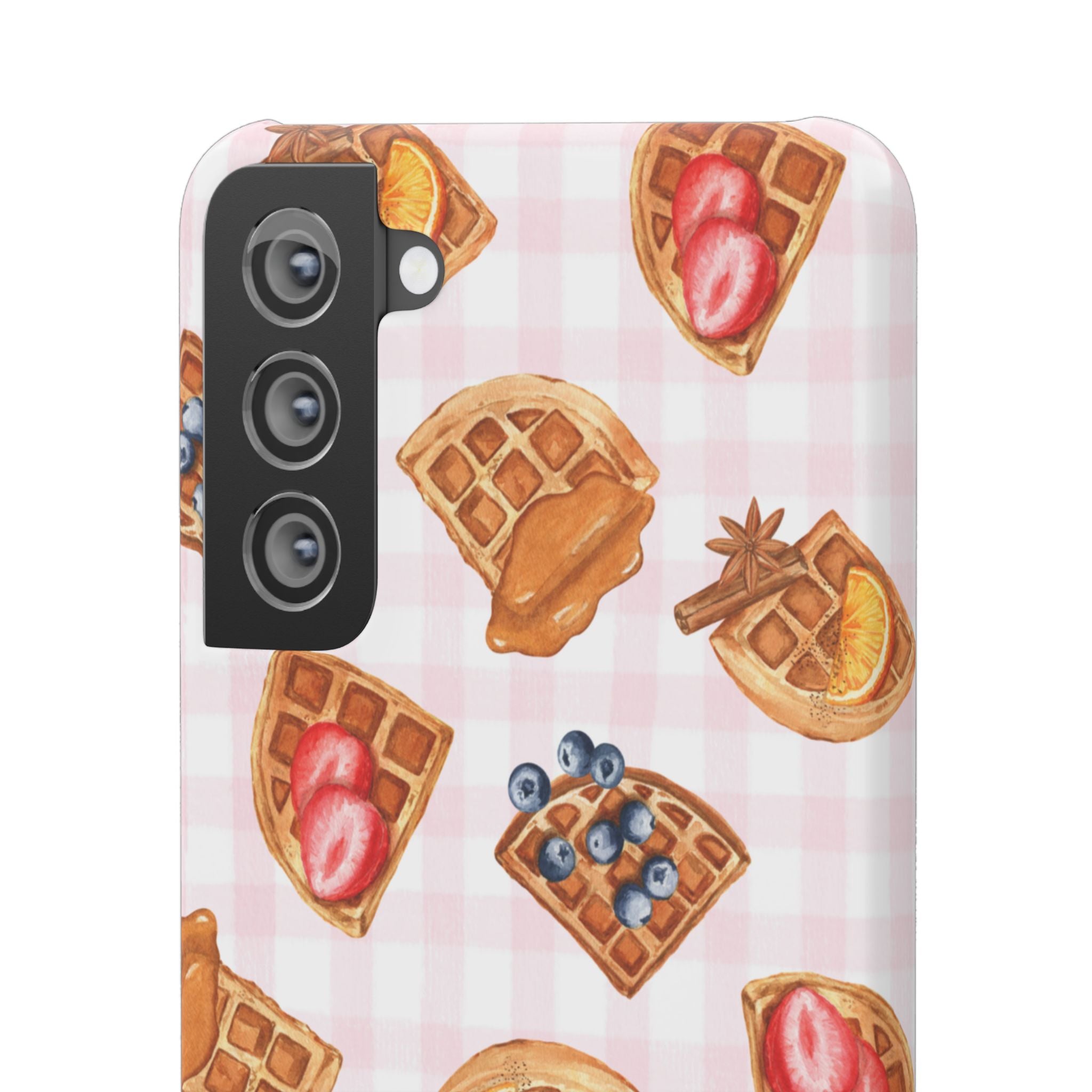 Waffle Picnic Phone Case — Cute Strawberry & Blueberry Waffles on Pink Gingham Snap Case
