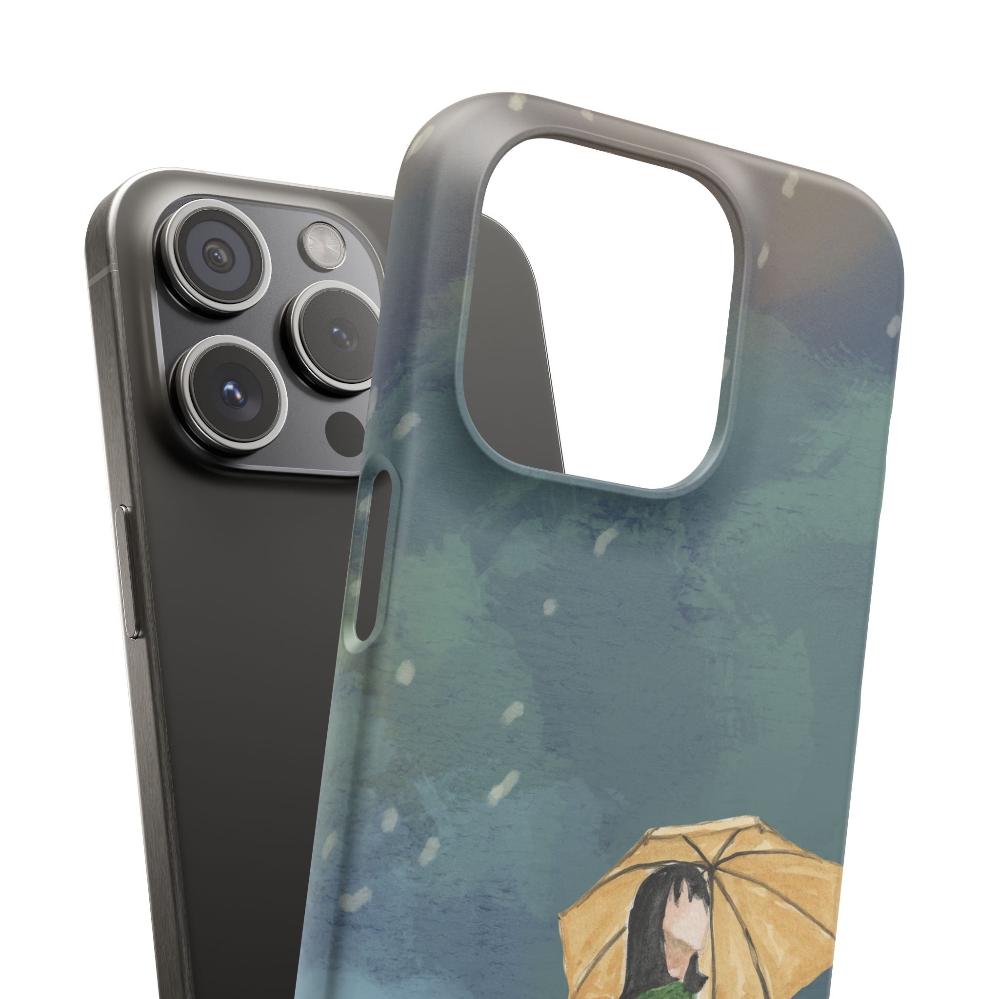 Artistic Rainfall Phone Case – Woman with Umbrella Design