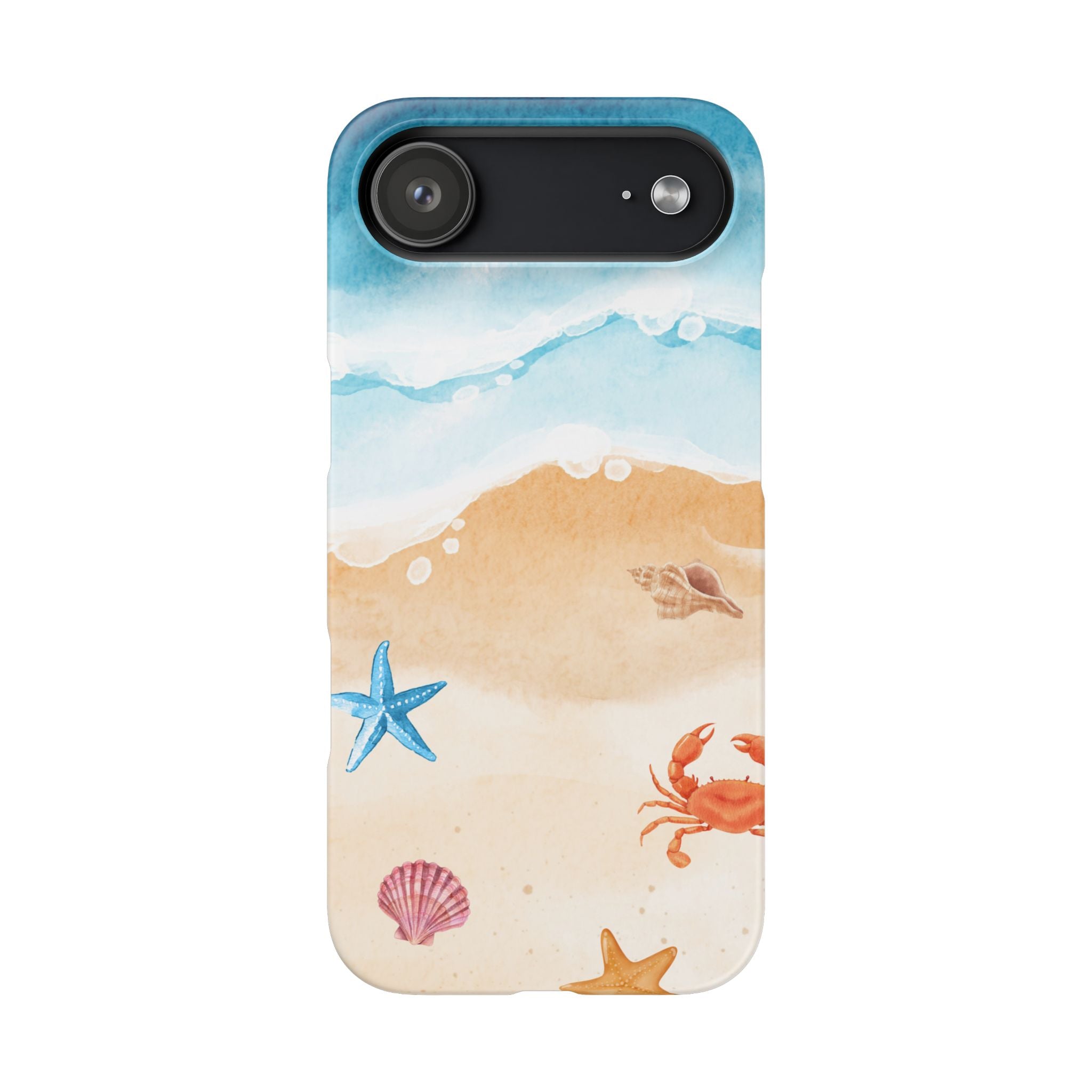 Beach Scene Phone Case — Watercolor Sand, Seashells & Crabs