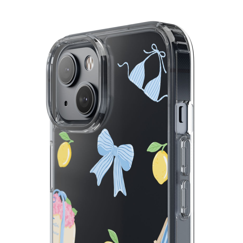Clear Phone Case — Summer Lemon & Bow Pattern (bikini, beach chair, cake)