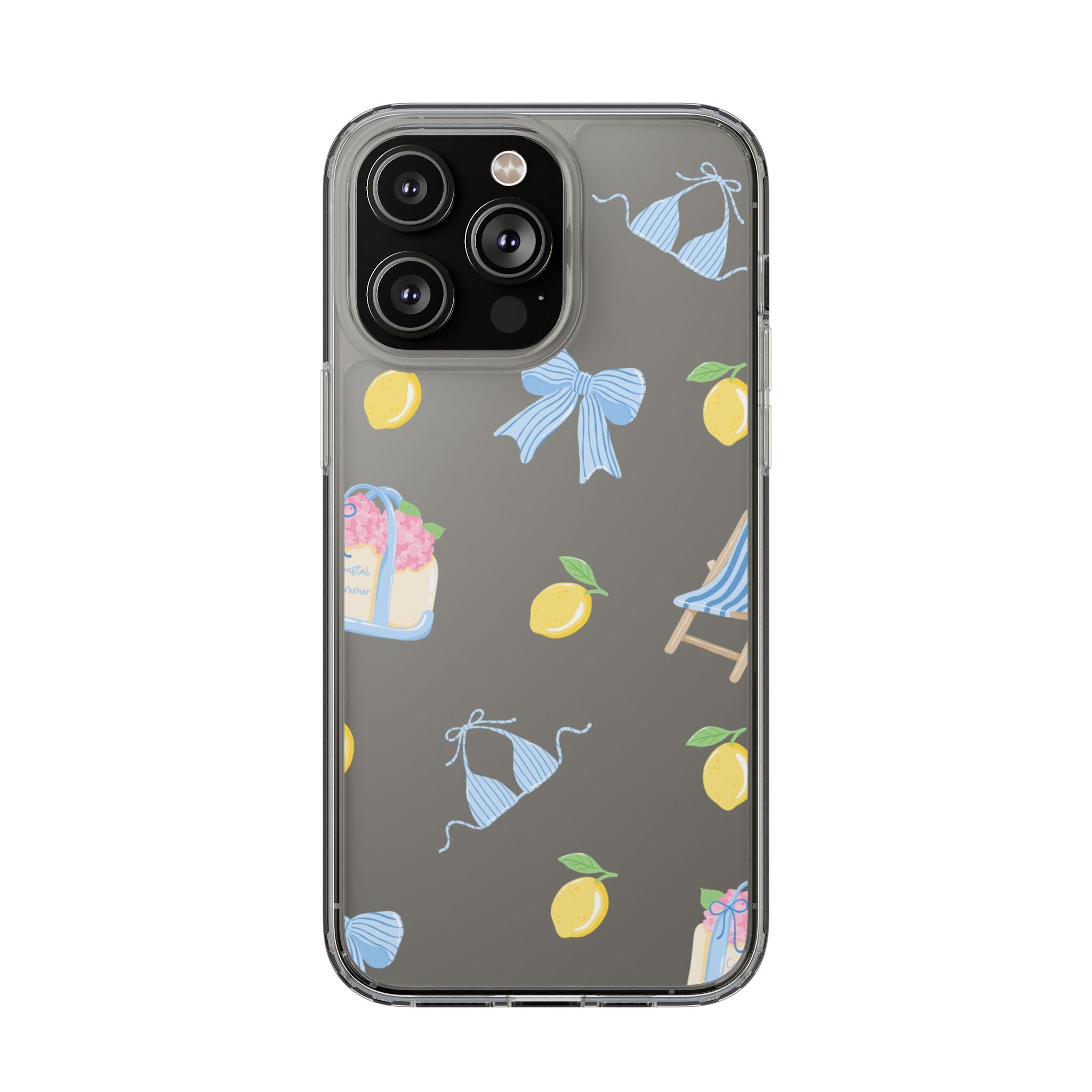Clear Phone Case — Summer Lemon & Bow Pattern (bikini, beach chair, cake)