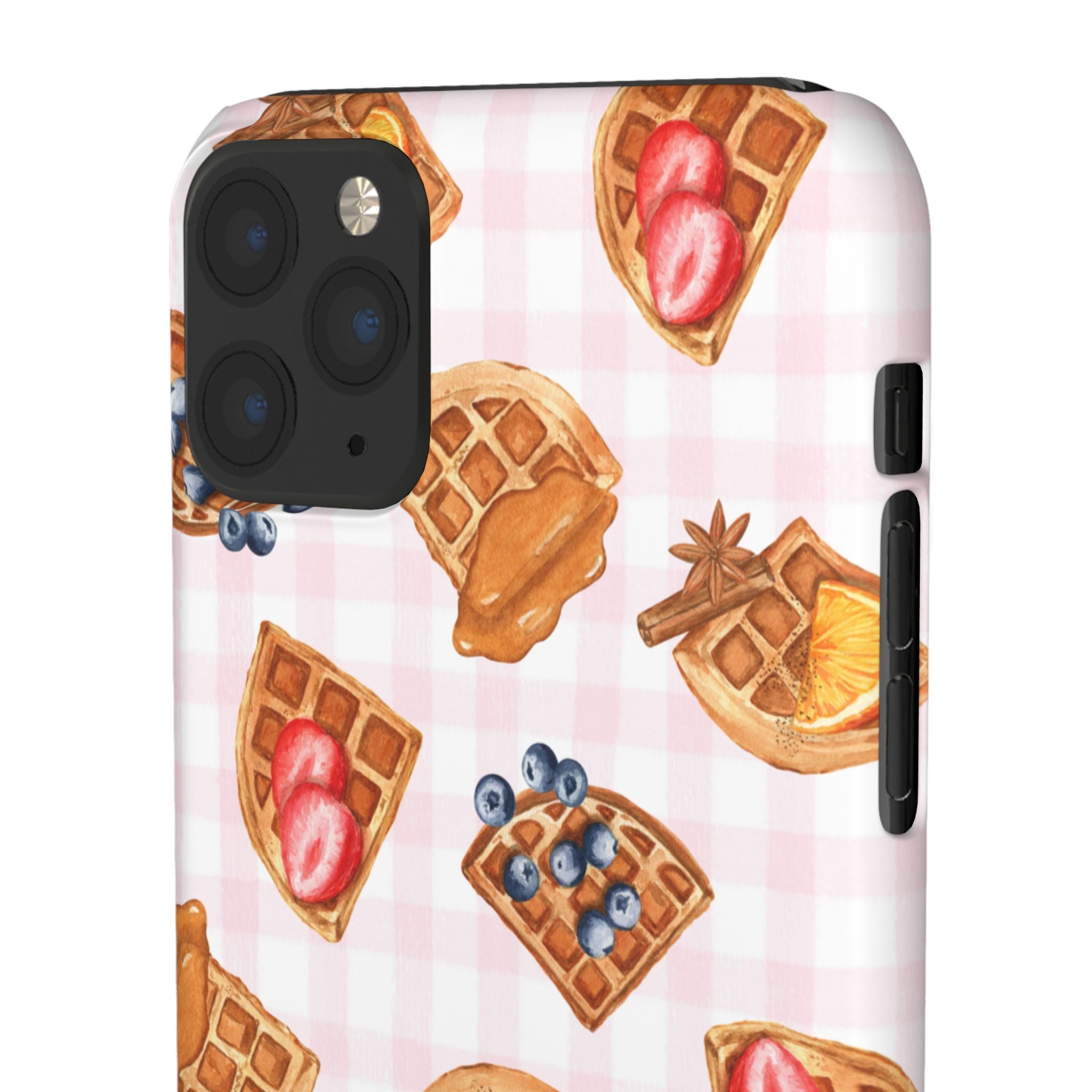 Waffle Picnic Phone Case — Cute Strawberry & Blueberry Waffles on Pink Gingham Snap Case