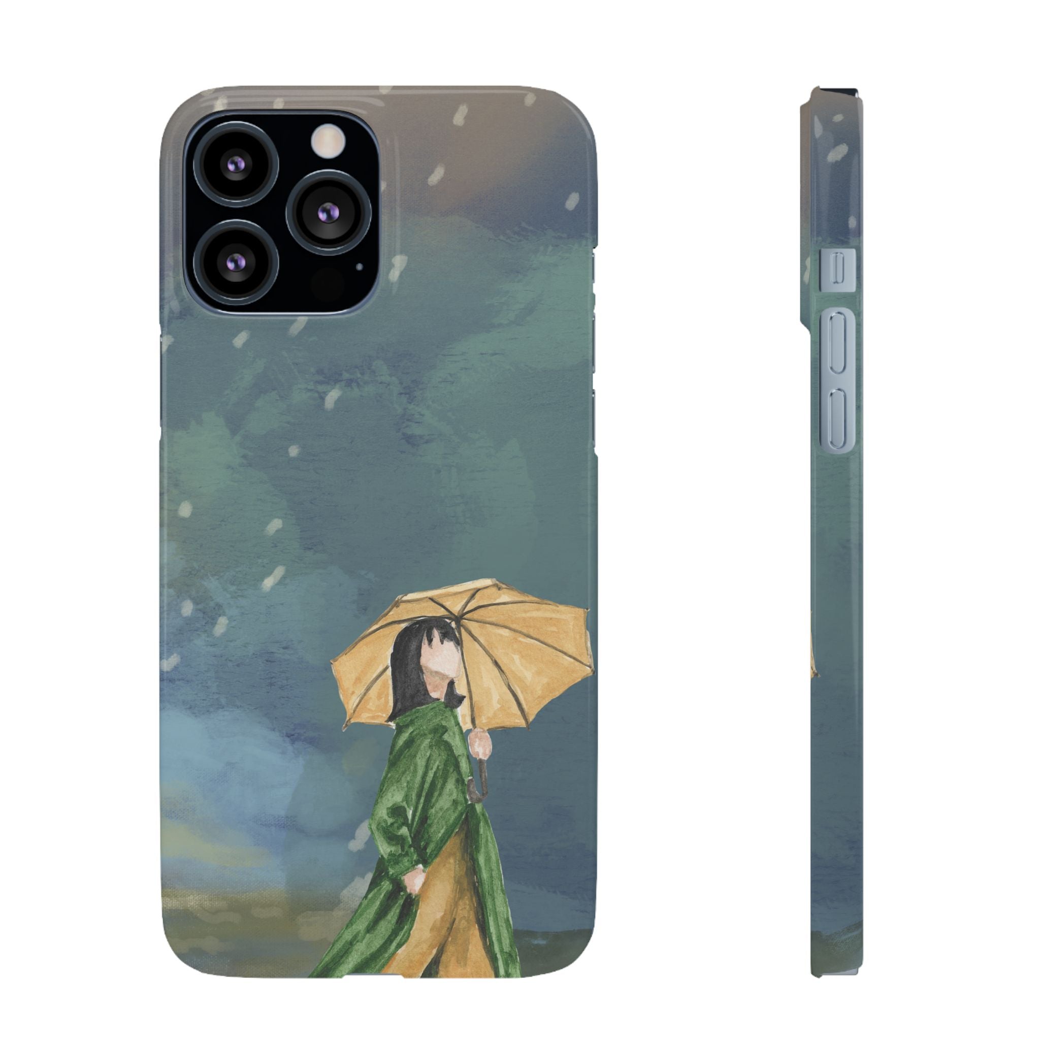 Artistic Rainfall Phone Case – Woman with Umbrella Design
