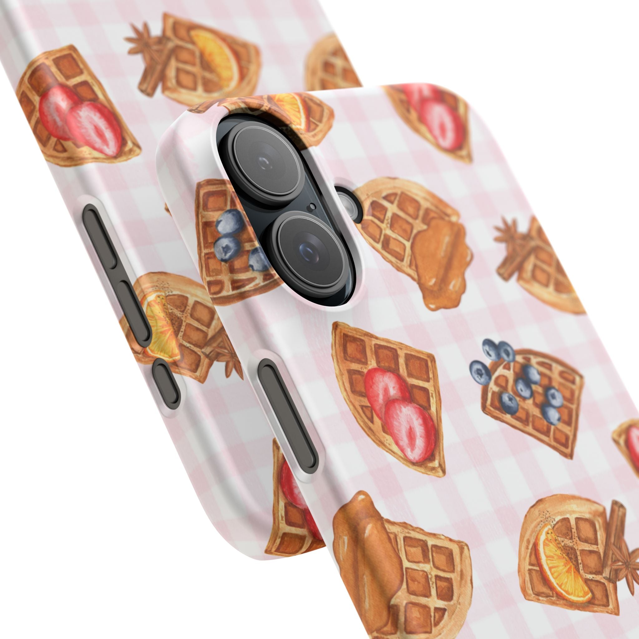 Waffle Picnic Phone Case — Cute Strawberry & Blueberry Waffles on Pink Gingham Snap Case