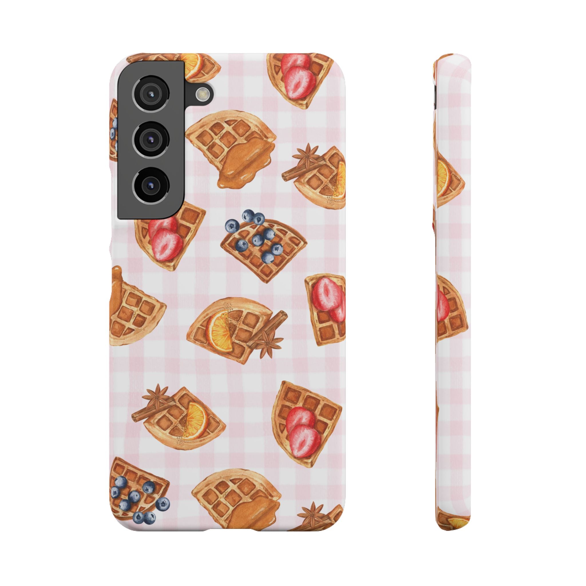 Waffle Picnic Phone Case — Cute Strawberry & Blueberry Waffles on Pink Gingham Snap Case