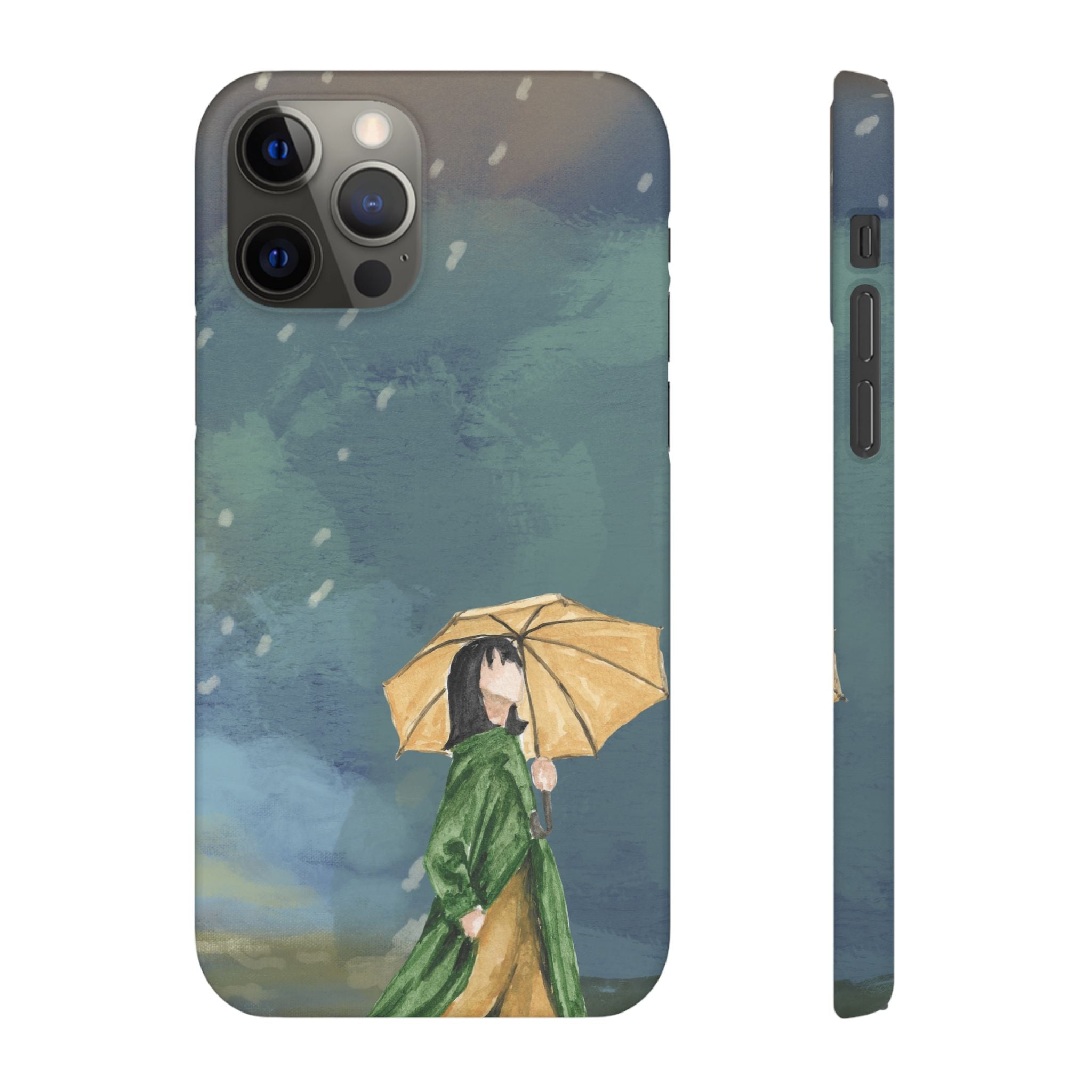 Artistic Rainfall Phone Case – Woman with Umbrella Design