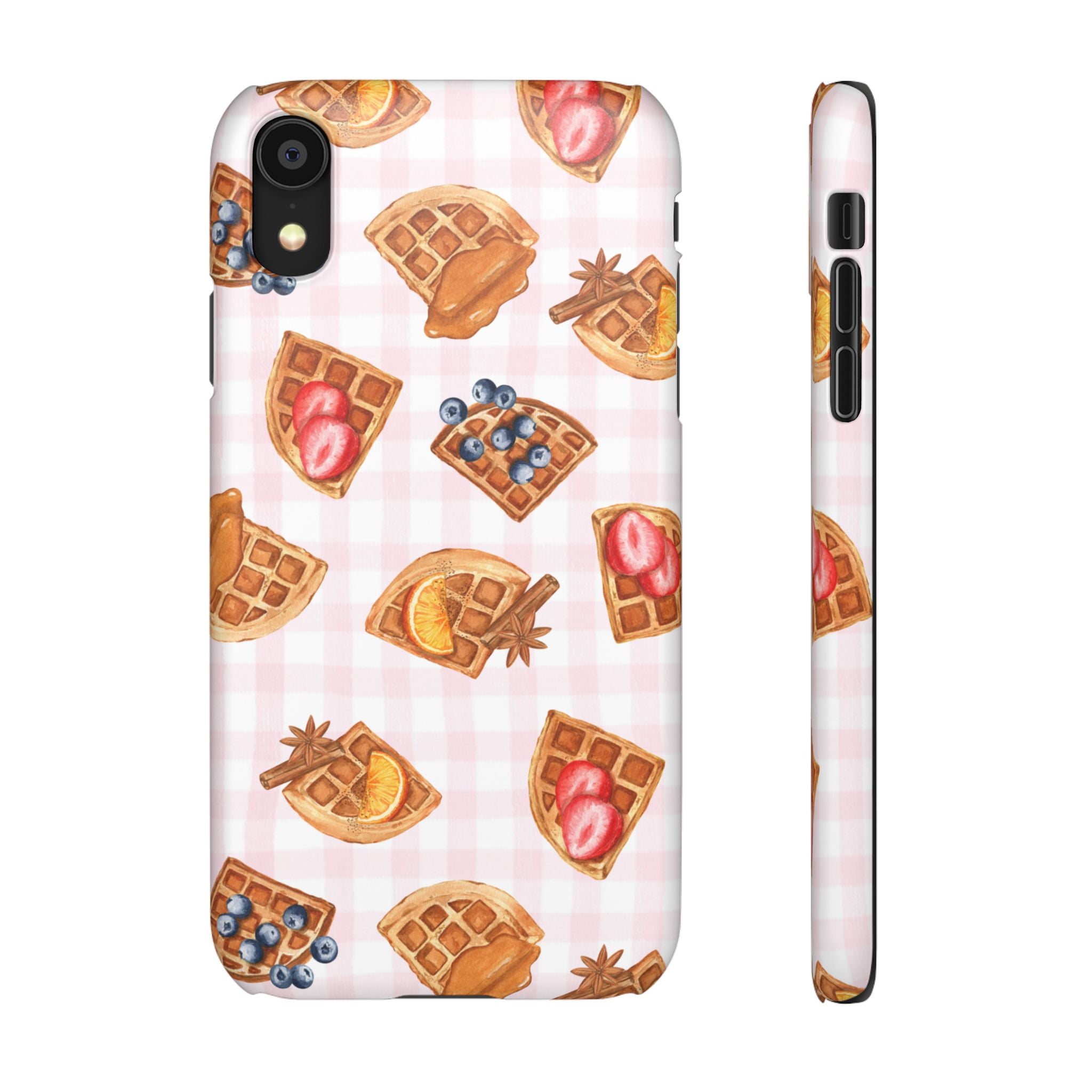 Waffle Picnic Phone Case — Cute Strawberry & Blueberry Waffles on Pink Gingham Snap Case
