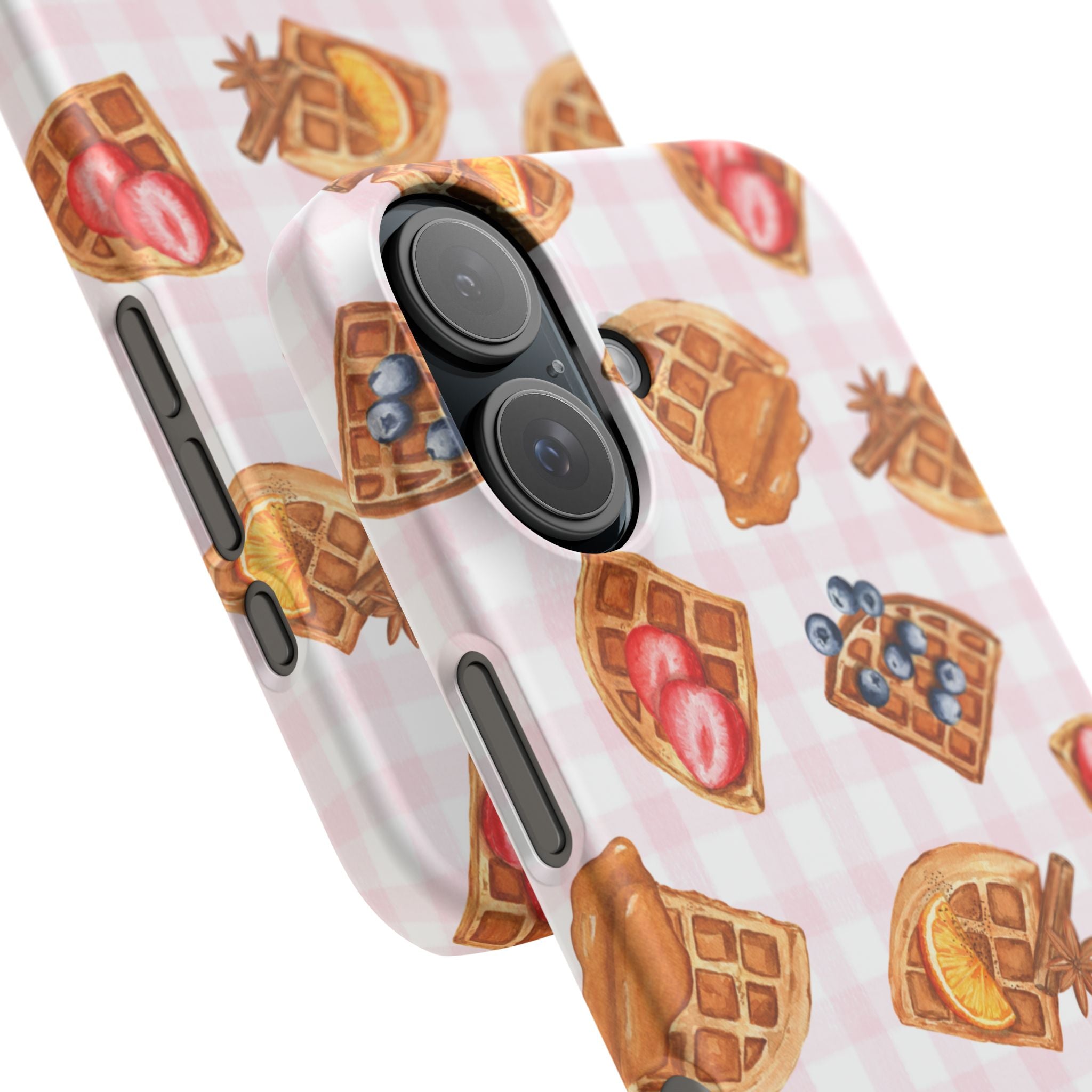 Waffle Picnic Phone Case — Cute Strawberry & Blueberry Waffles on Pink Gingham Snap Case